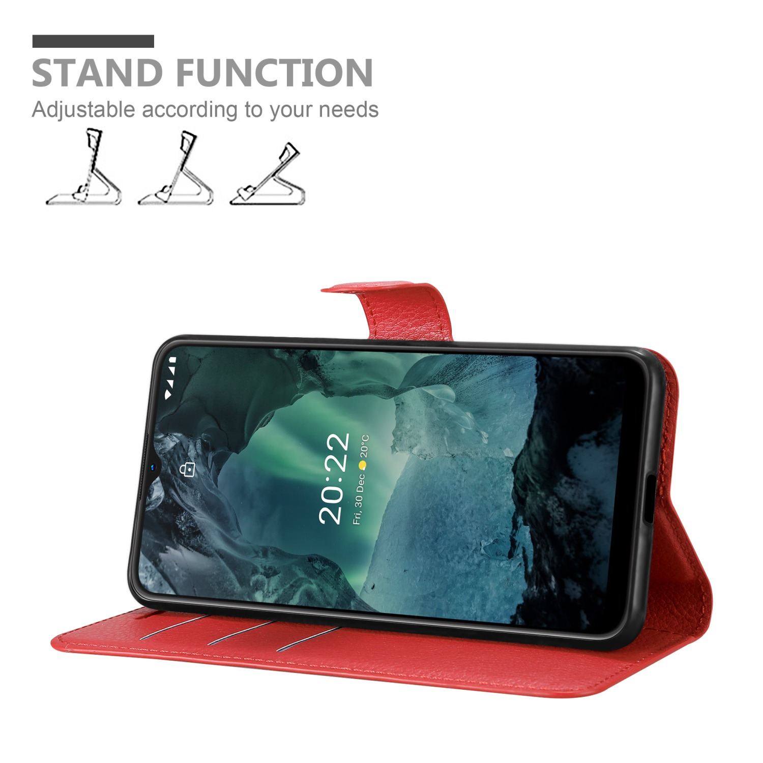 Custodia rossa con telefono che mostra l'ora. Icone funzione stand in alto.