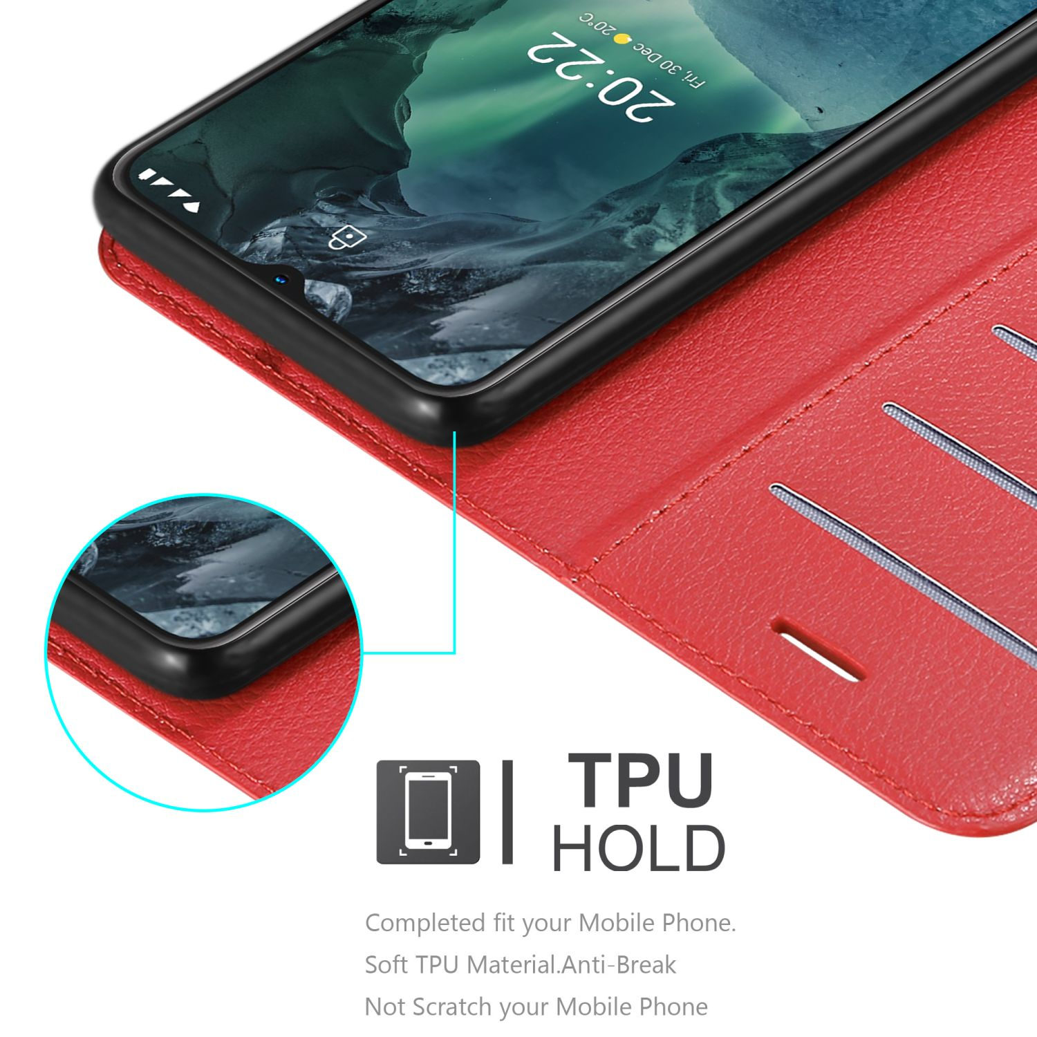 Una custodia rossa per telefono che copre parzialmente un telefono. Il testo indica materiale TPU e caratteristiche anti-rottura.