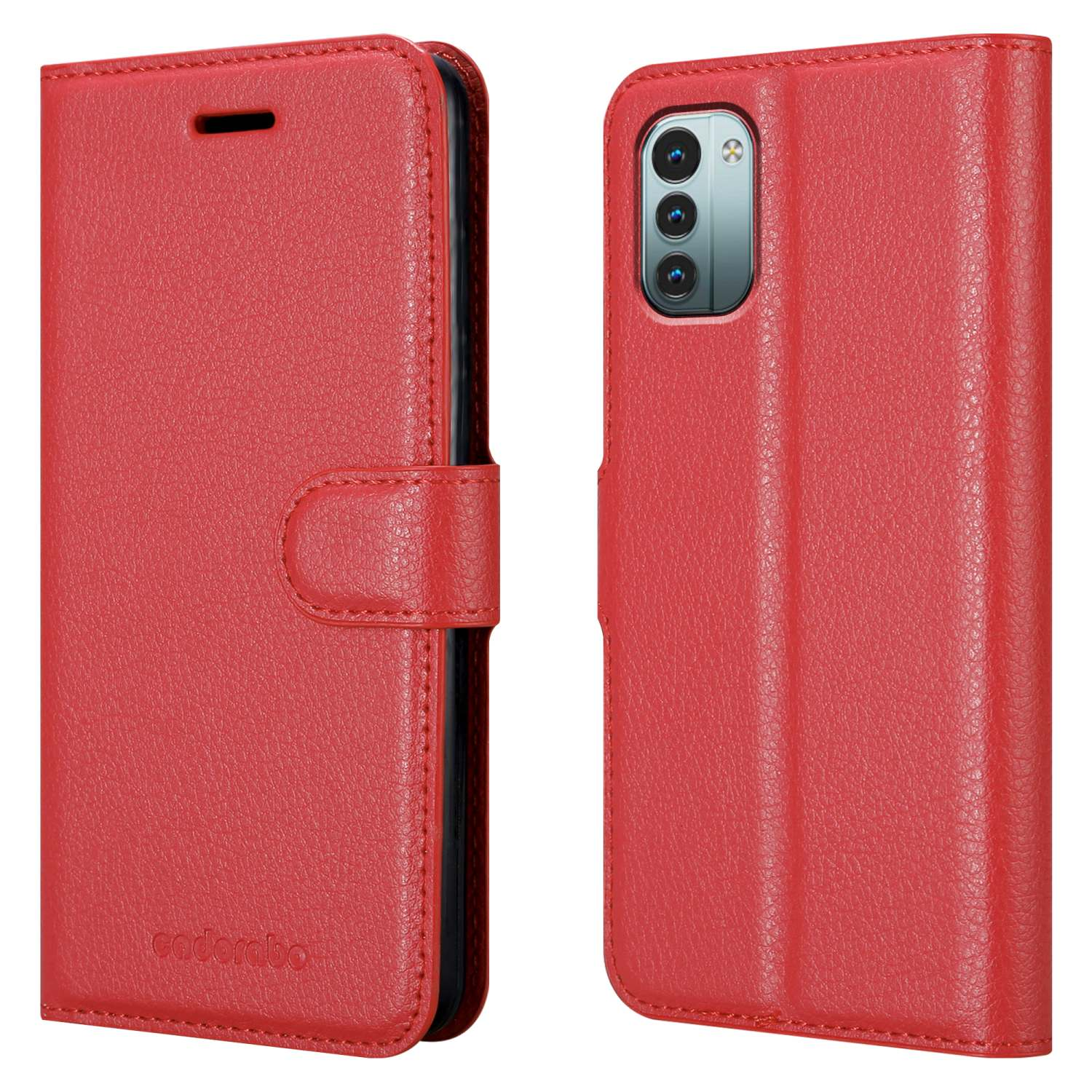 Custodia per telefono rossa, chiusa a sinistra e aperta a destra, che mostra il telefono.