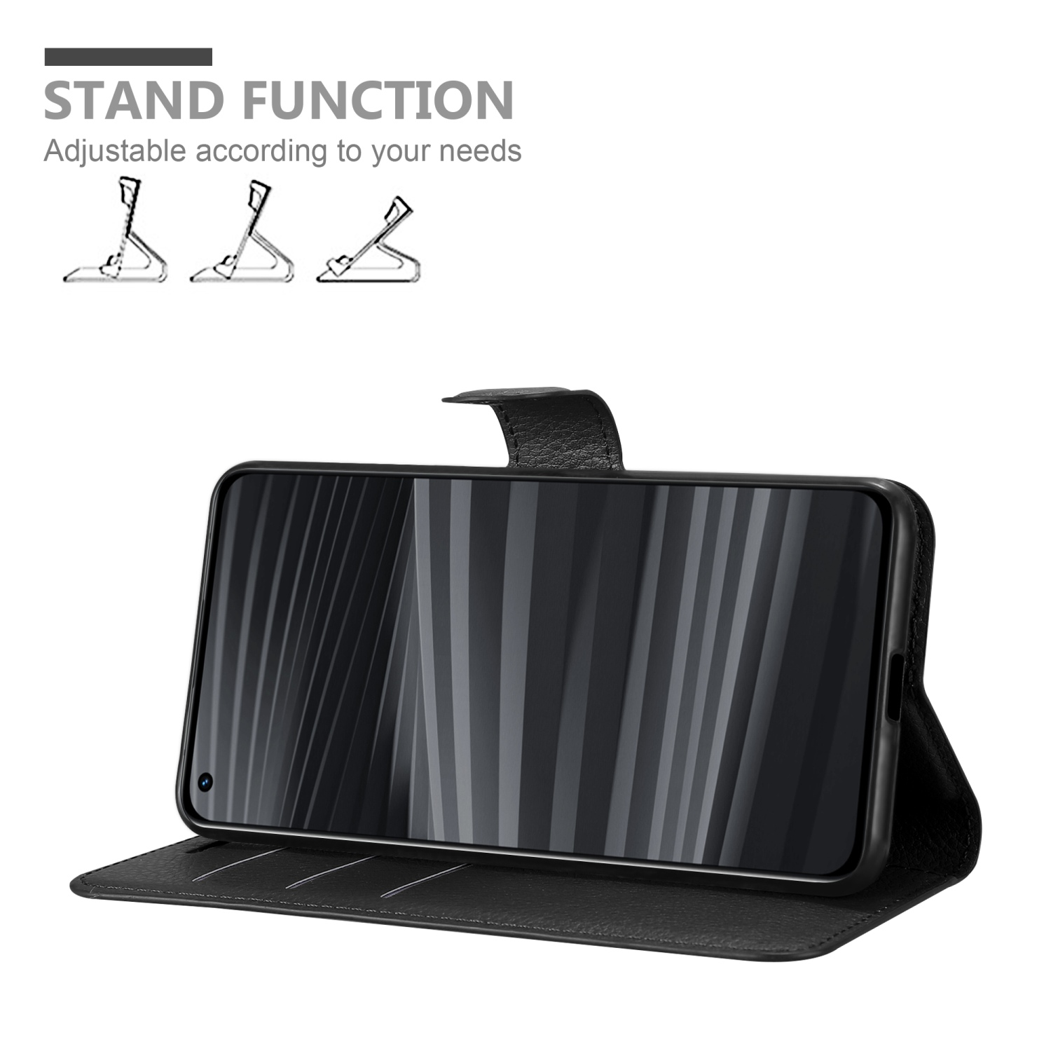 Custodia nera con telefono in posizione stand. Sfondo bianco. Funzione stand.