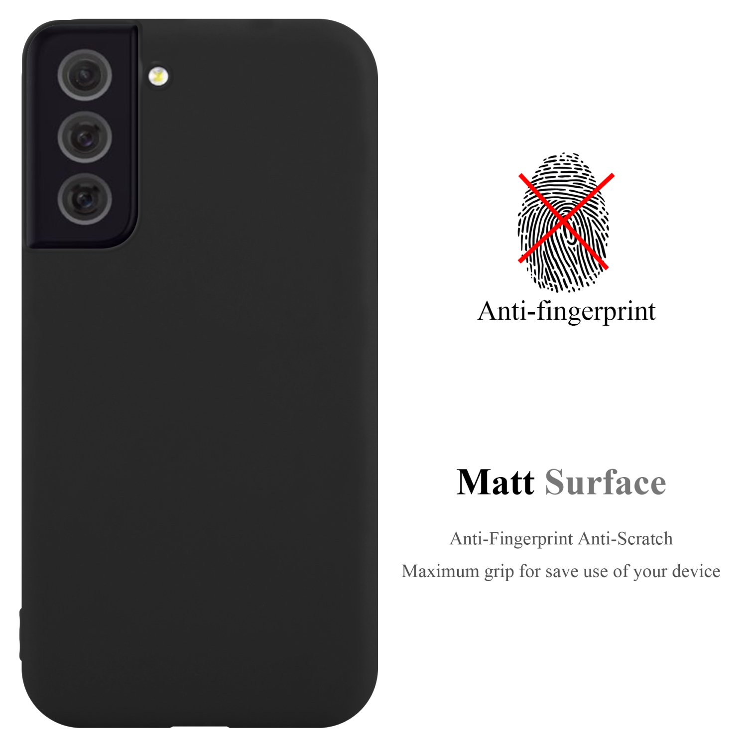 Schwarze Handyhülle mit drei Kameras. Text: Anti-Fingerabdruck, matte Oberfläche. Anti-Fingerabdruck, Anti-Kratzer, maximaler Grip.