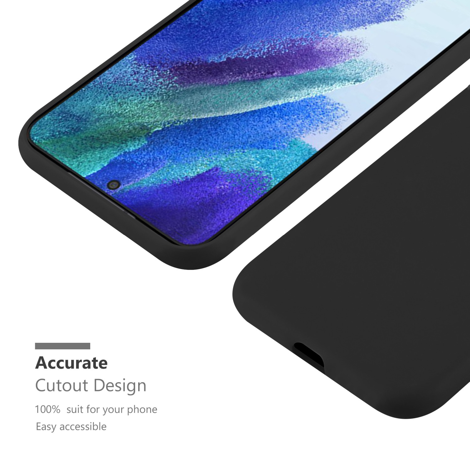 Schwarze Handyhülle mit einem Telefon darin. Der Bildschirm des Telefons zeigt ein blau-weißes Muster.