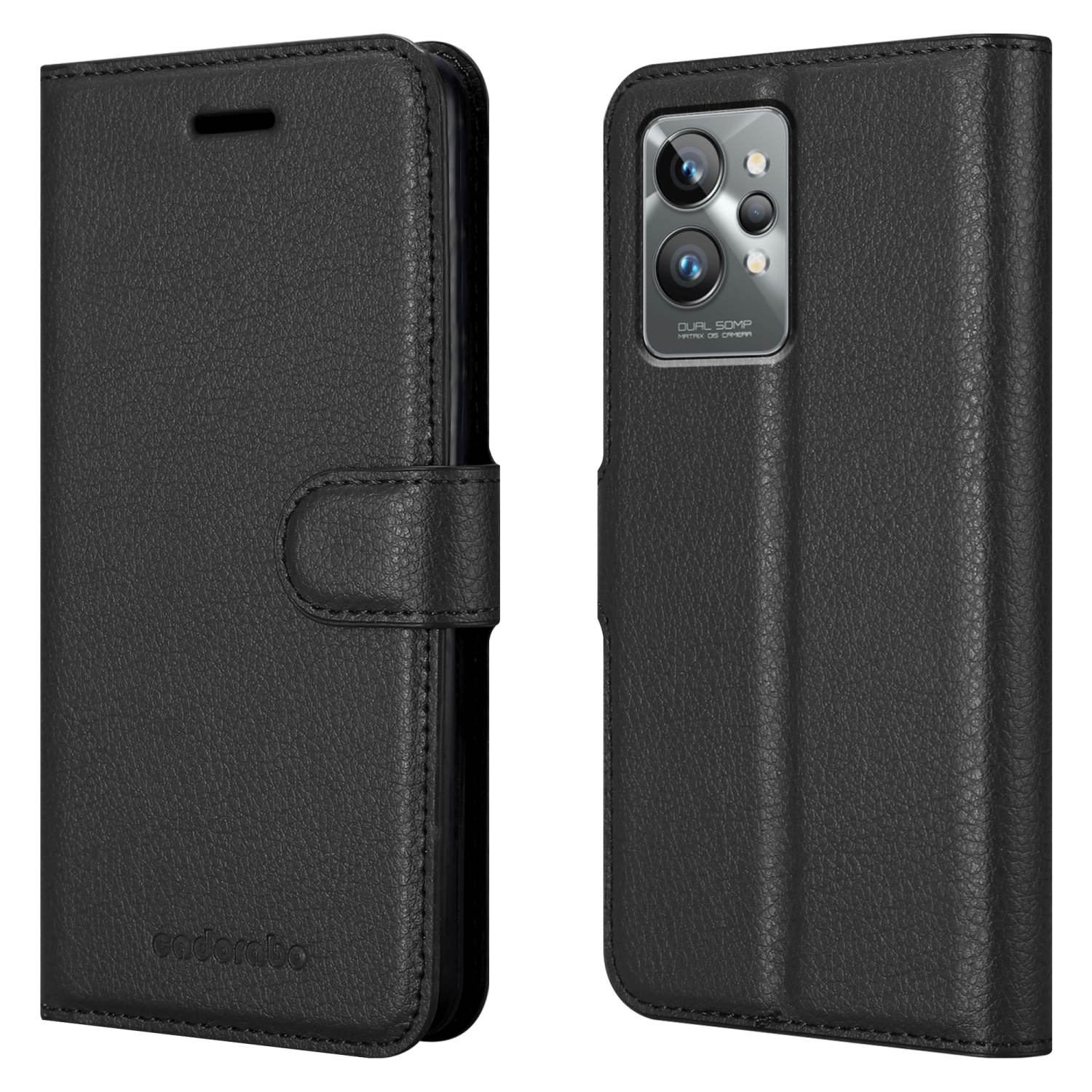 Custodia per telefono in pelle nera aperta e chiusa. Sfondo nero. Telefono dentro.