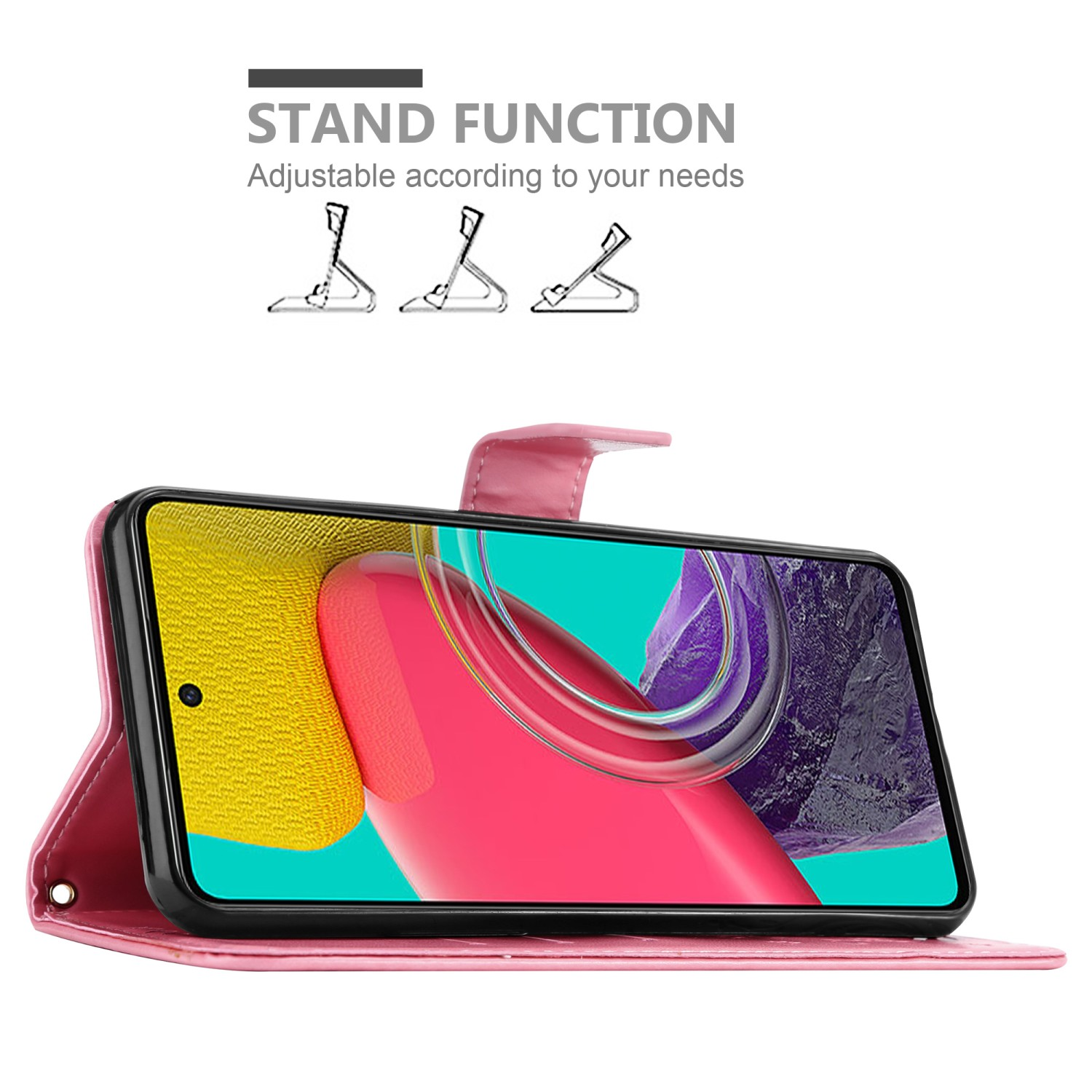 Una custodia rosa per telefono con telefono e funzione stand. Una custodia rosa.