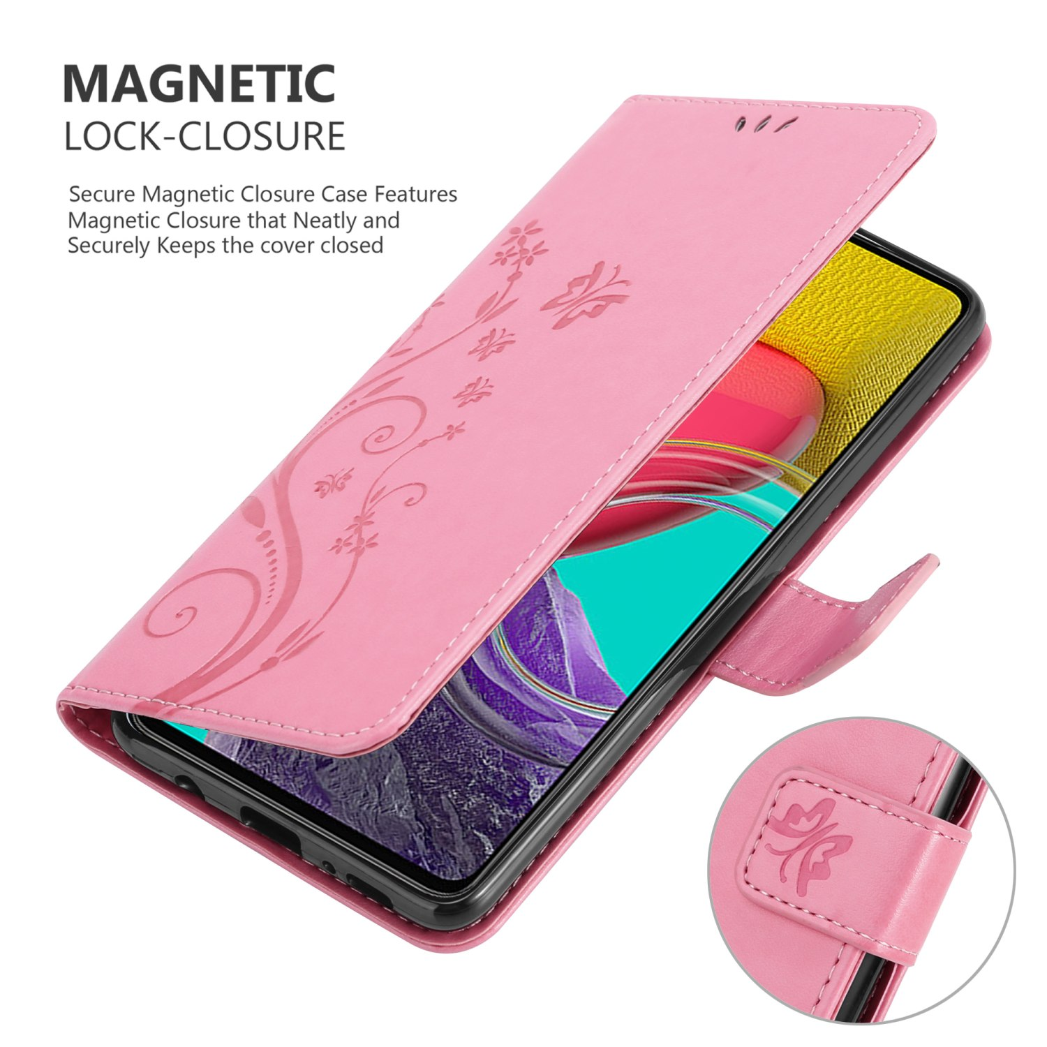 Custodia per telefono rosa con design floreale, aperta per mostrare un telefono. La custodia è aperta.
