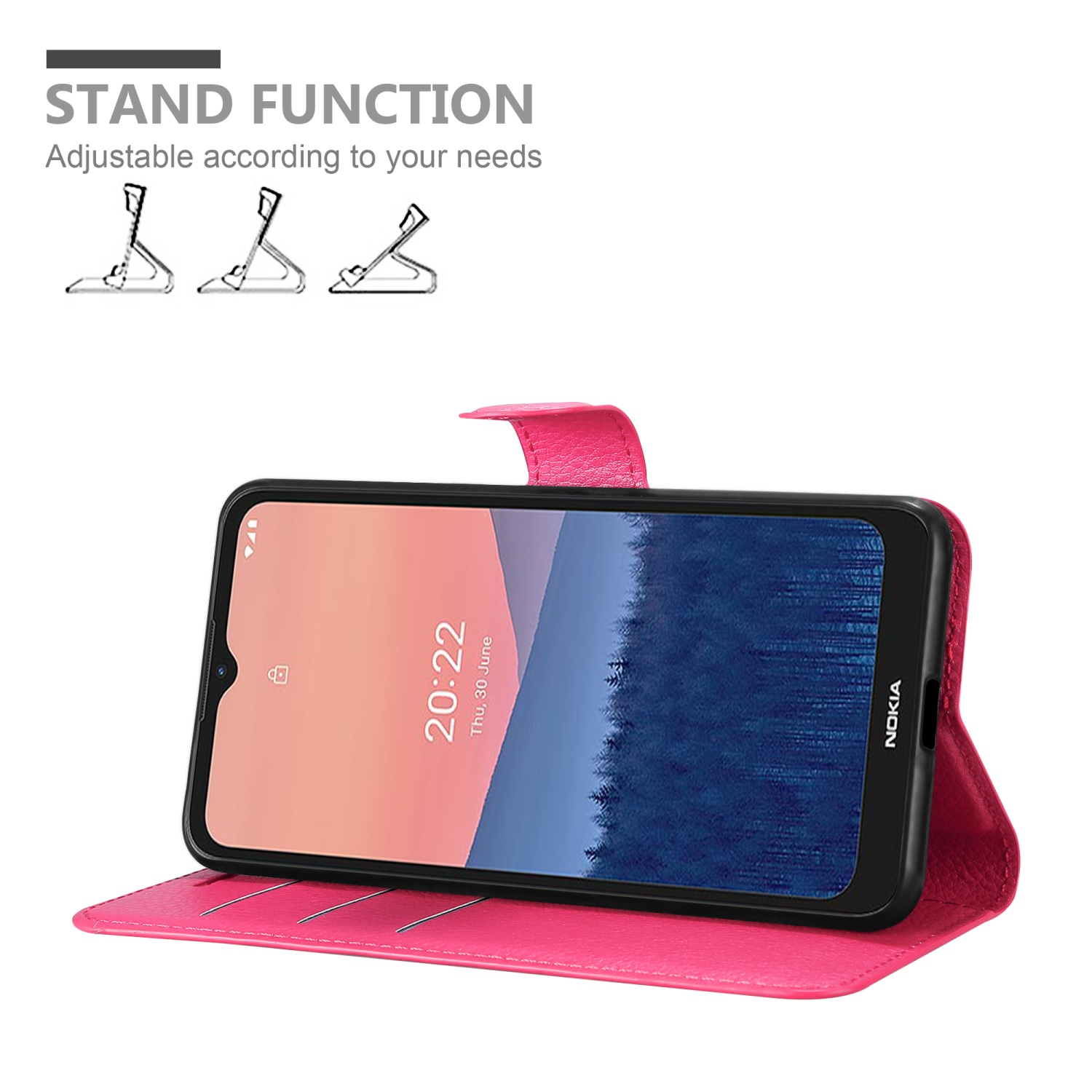 Custodia rosa con telefono dentro. Schermo mostra l'ora 20:22. Illustrazione della funzione supporto.