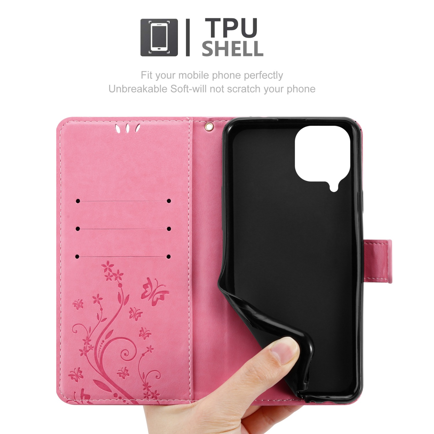 Una custodia per telefono rosa aperta, con un telefono all'interno. Ci sono motivi floreali e testo.