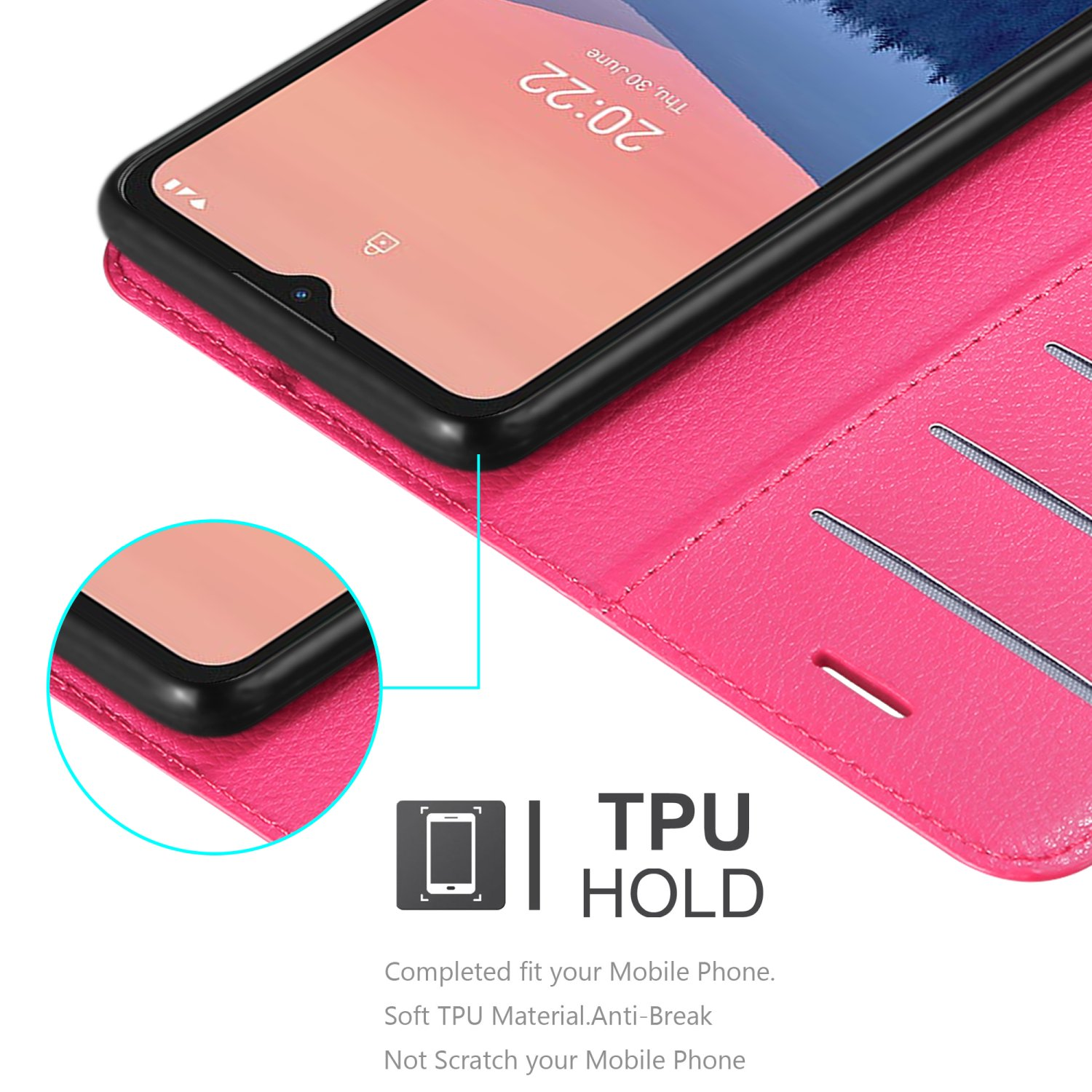 Custodia rosa con telefono nero. Ora sullo schermo. La custodia rosa ha fessure per carte.