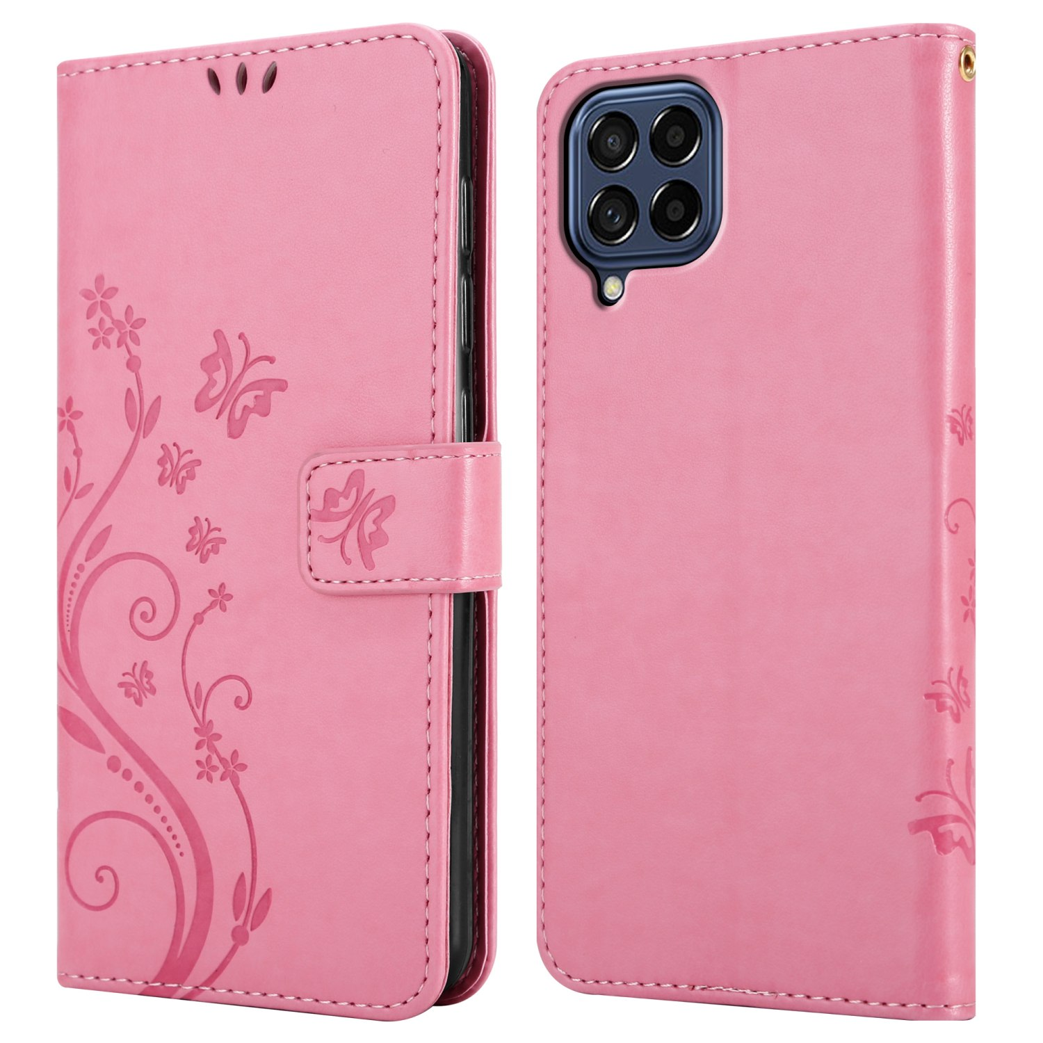 Un portafoglio per telefono rosa con un design floreale. Il telefono è sul lato destro.