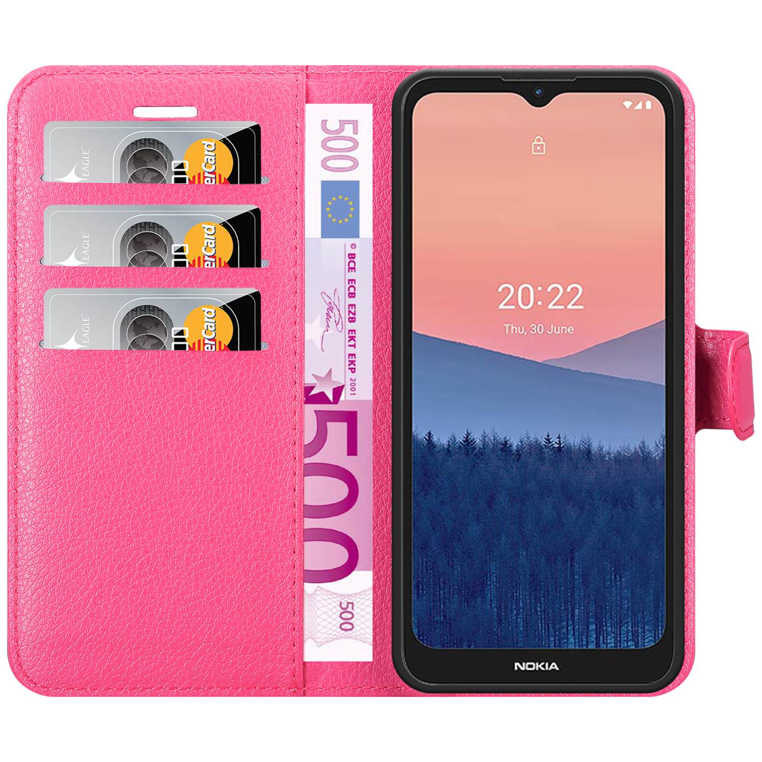 Una custodia a portafoglio rosa aperta con carte, una banconota e un telefono che mostra l'ora. Logo Nokia visibile.