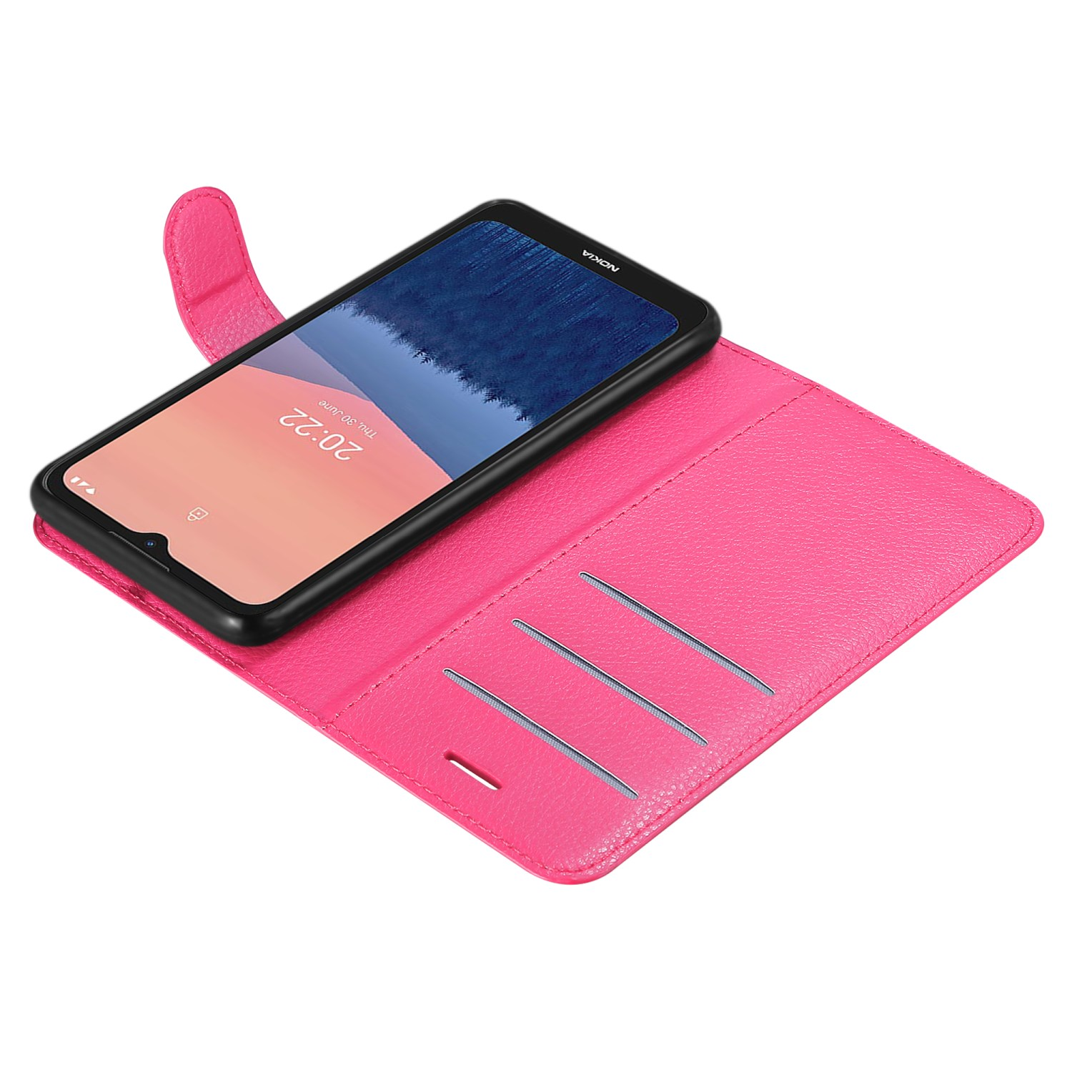 Custodia rosa con telefono, mostra l'ora. Sfondo bianco.