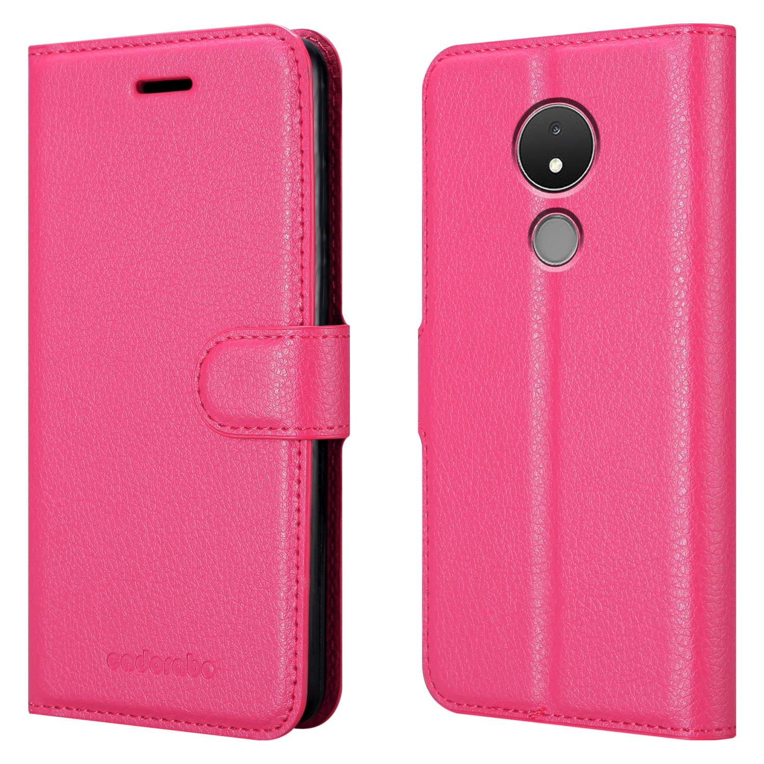 Custodia rosa per telefono, chiusa e aperta. Mostra la custodia aperta con il telefono.