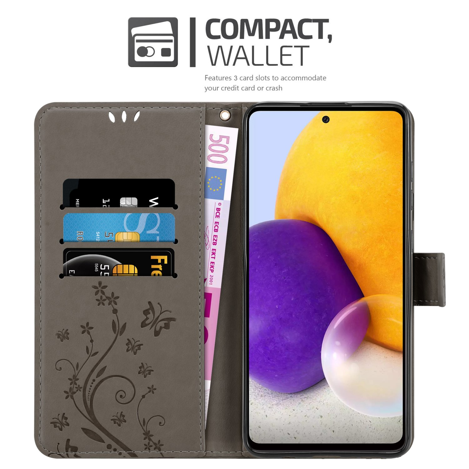 Una custodia per telefono aperta, che mostra un telefono, carte e denaro. Ha un design floreale sugli slot per schede.