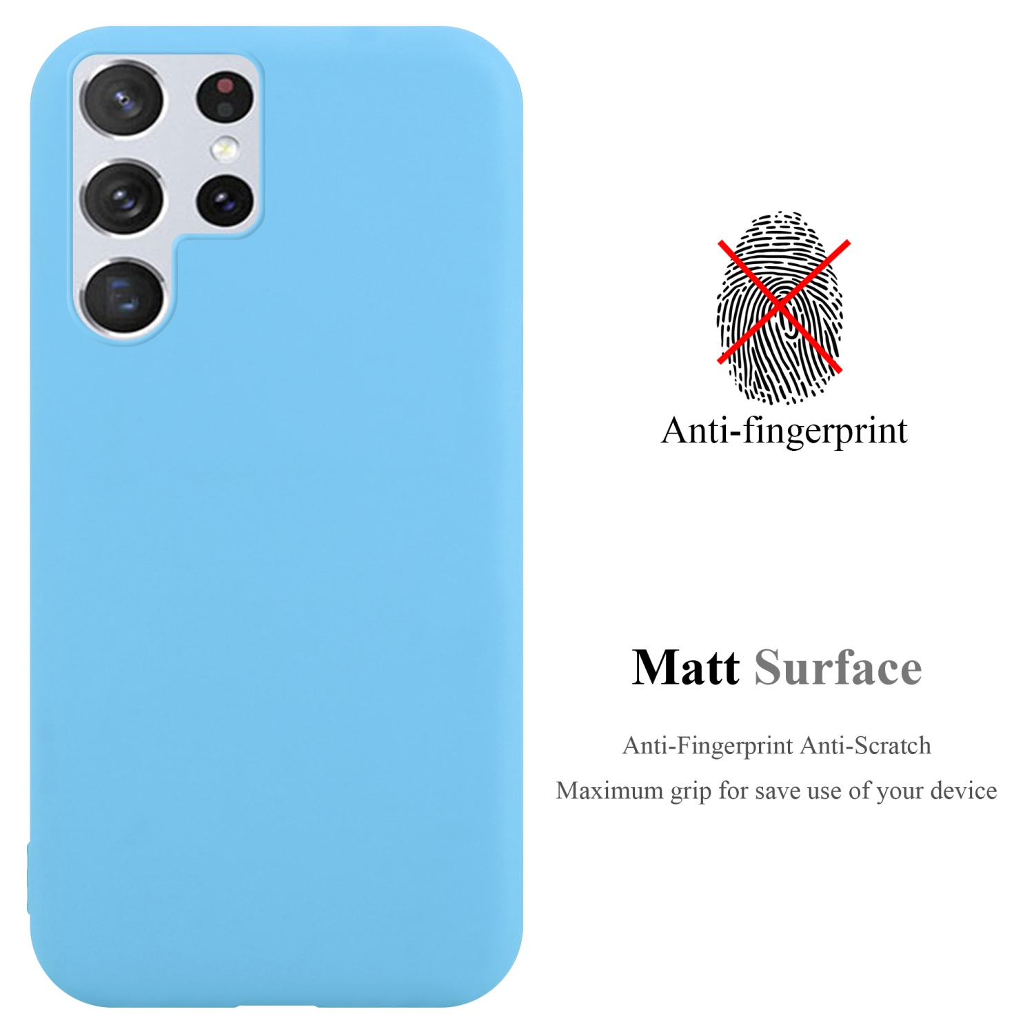 Una custodia per telefono azzurra con un telefono azzurro e un grafico delle impronte digitali con un marchio 'X' rosso su sfondo bianco.