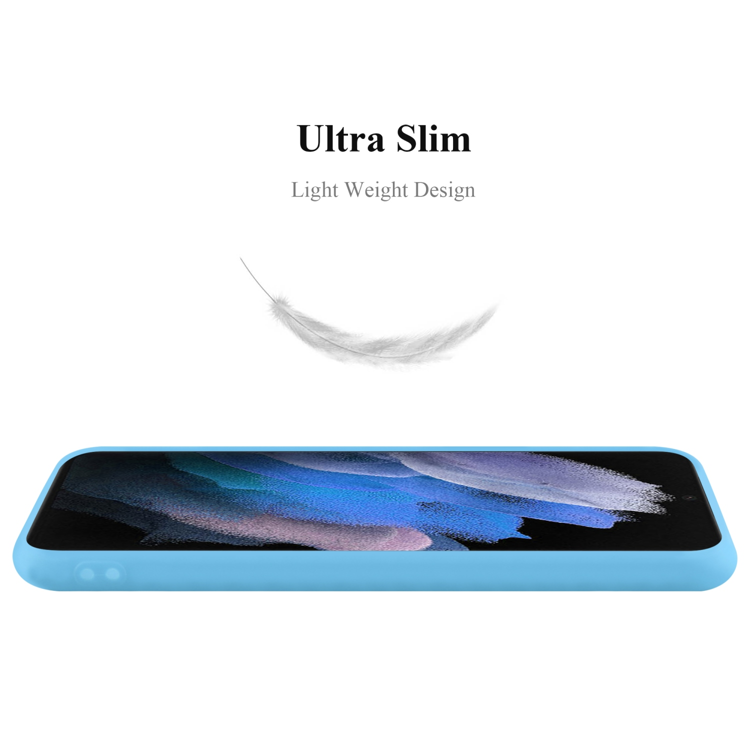 Custodia per telefono azzurra, vista laterale. Testo 'Ultra Slim Light Weight Design' con piuma.