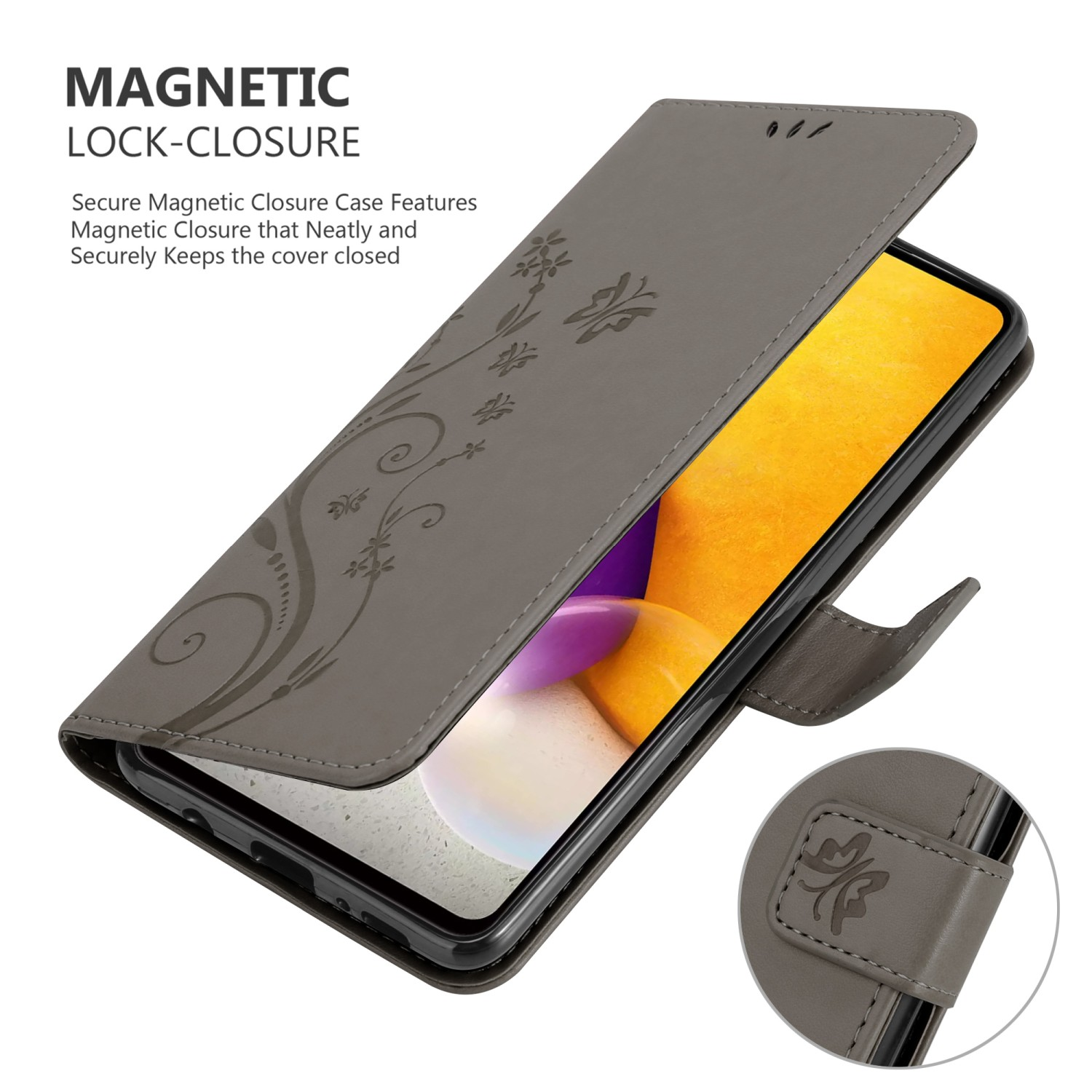 Custodia grigia per telefono aperta, che mostra un telefono. Presenta un design floreale e una chiusura magnetica.