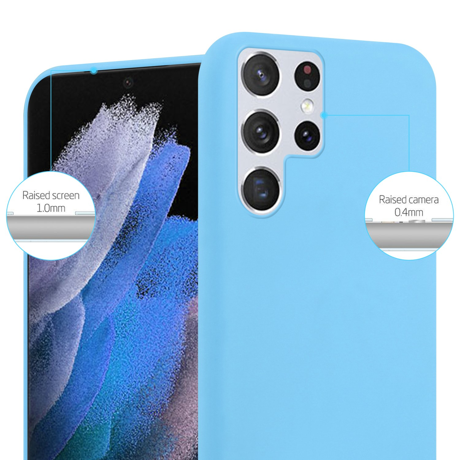 Una custodia blu chiaro con un telefono all'interno, che mostra lo schermo e la fotocamera rialzati. Testo: 1.0mm.