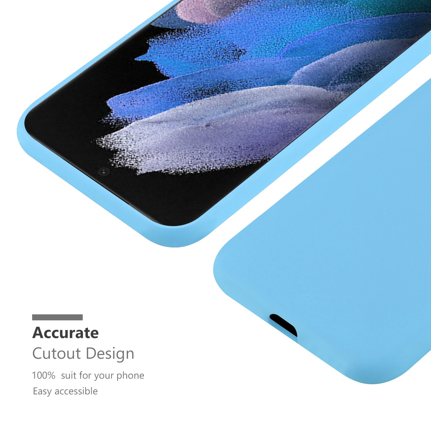 Una custodia per telefono blu con un telefono all'interno. Il testo dice design preciso. Il design è preciso.