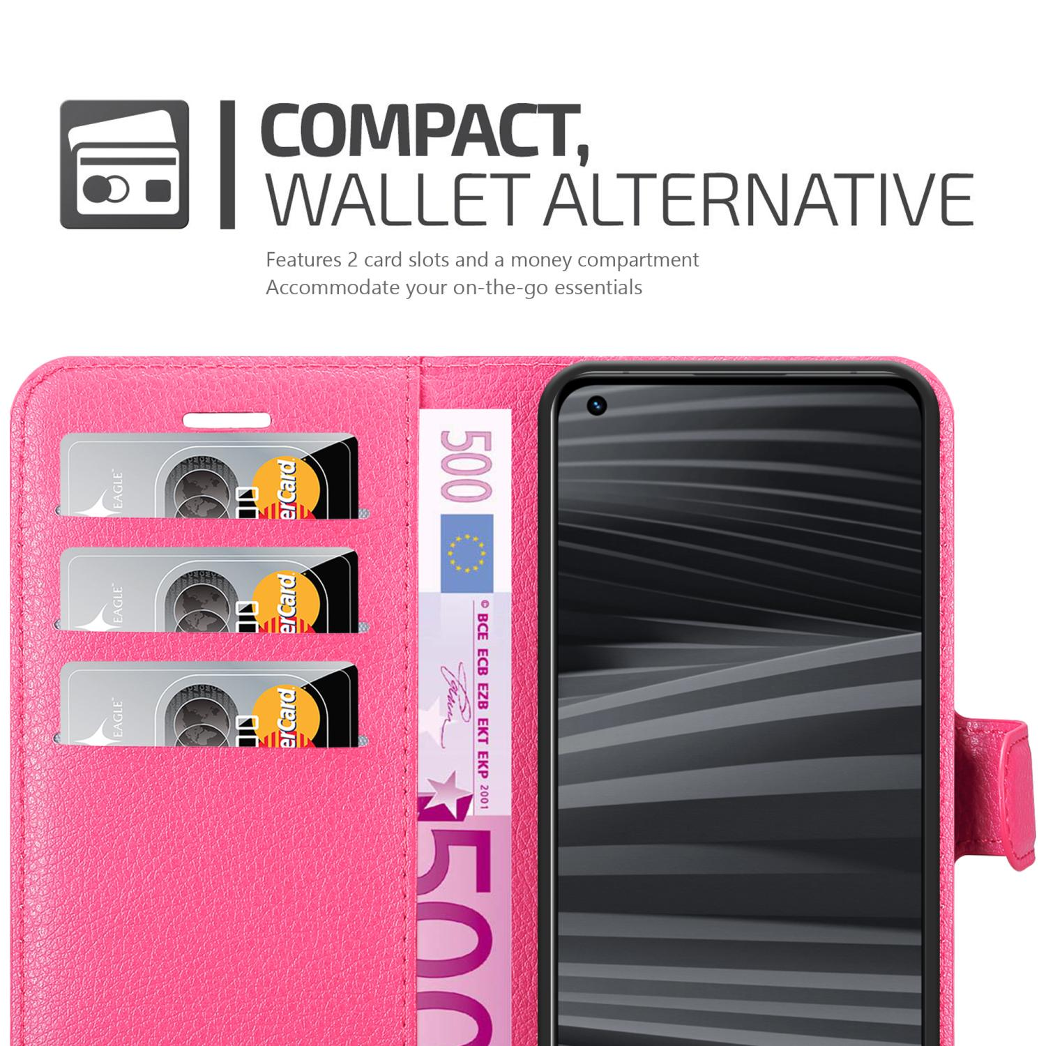 Custodia per telefono rosa, aperta, con carte e denaro all'interno. Testo: Compatto, alternativa al portafoglio. Due slot.