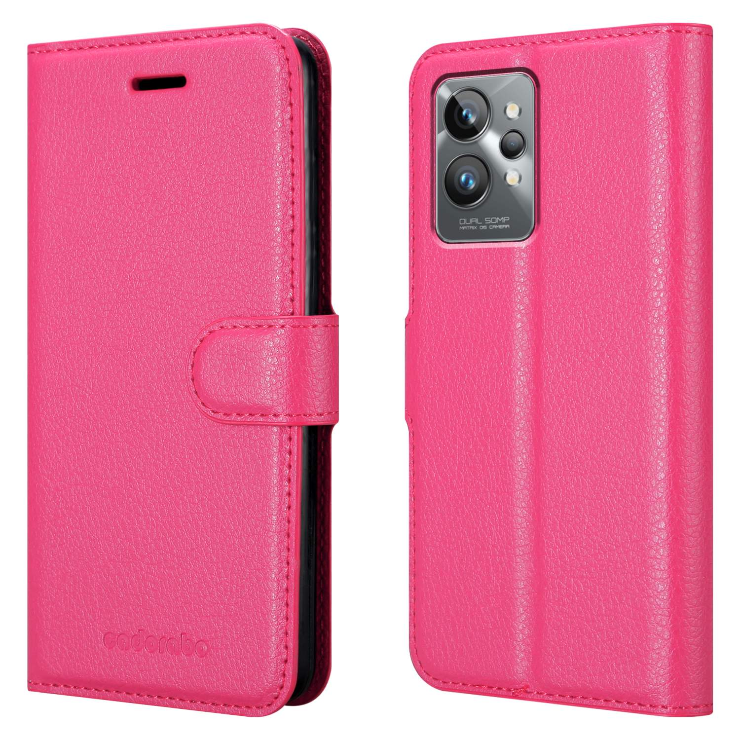 Custodia rosa per telefono, vista chiusa e aperta. Con chiusura magnetica.