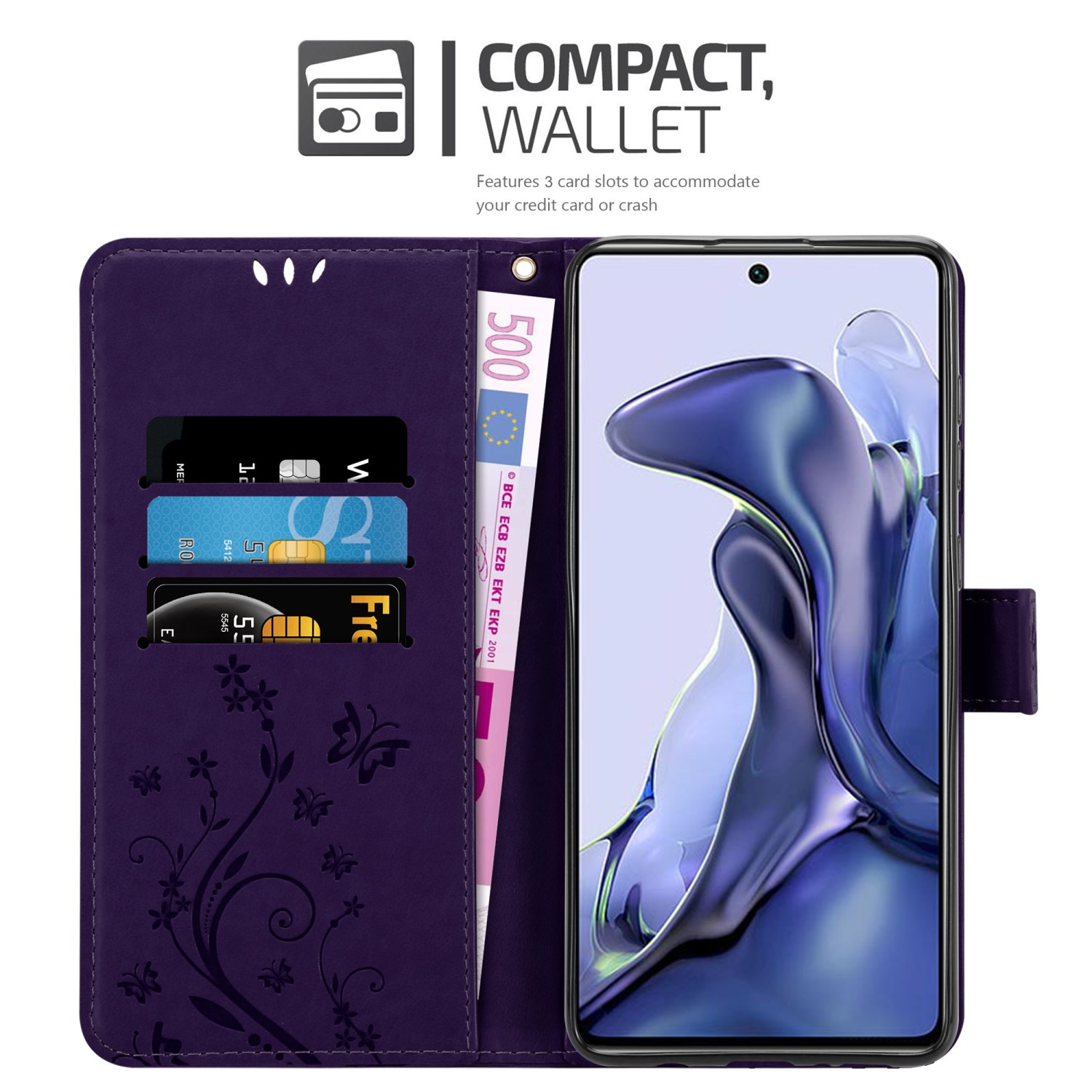 Custodia a portafoglio viola per telefono, aperta che mostra telefono, carte e denaro. Caratterizzata da un design floreale.
