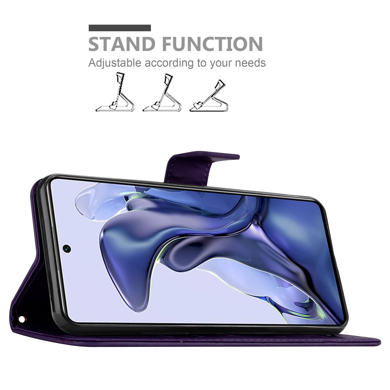 Una custodia per telefono con un telefono all'interno. La custodia è viola scuro con funzione supporto. Lo schermo mostra un motivo blu.