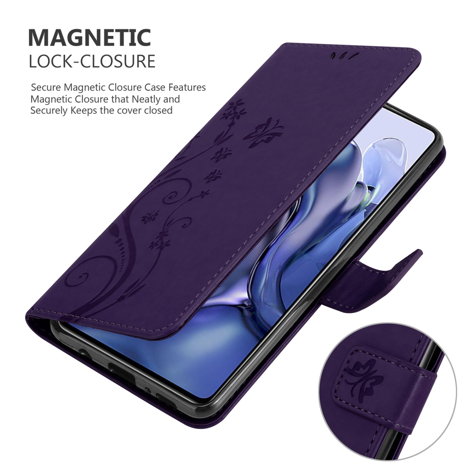 Custodia per telefono viola aperta, che mostra il telefono all'interno. Design floreale. Testo "MAGNETIC LOCK-CLOSURE".