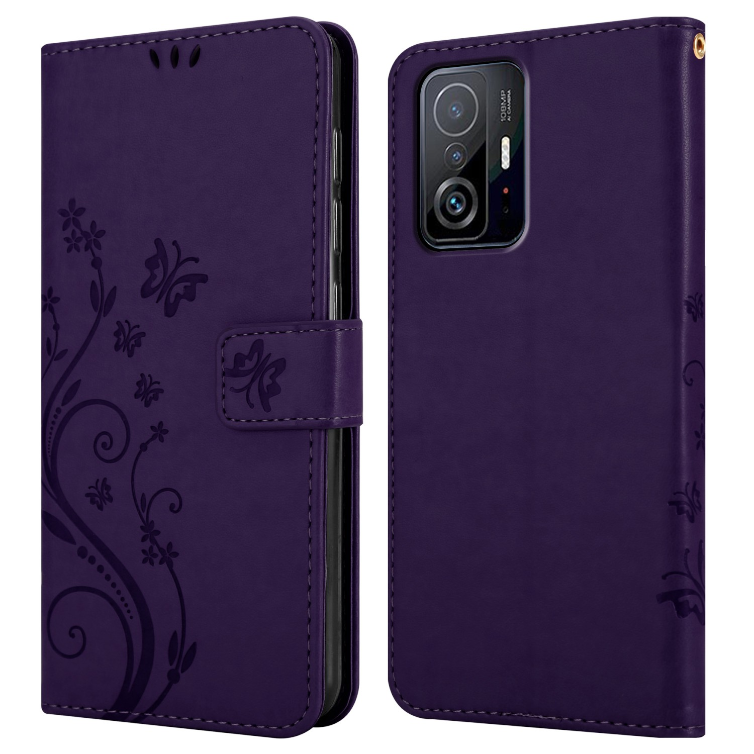 Custodia per telefono viola, aperta e chiusa, con design floreale. Telefono dentro. Sfondo marrone.