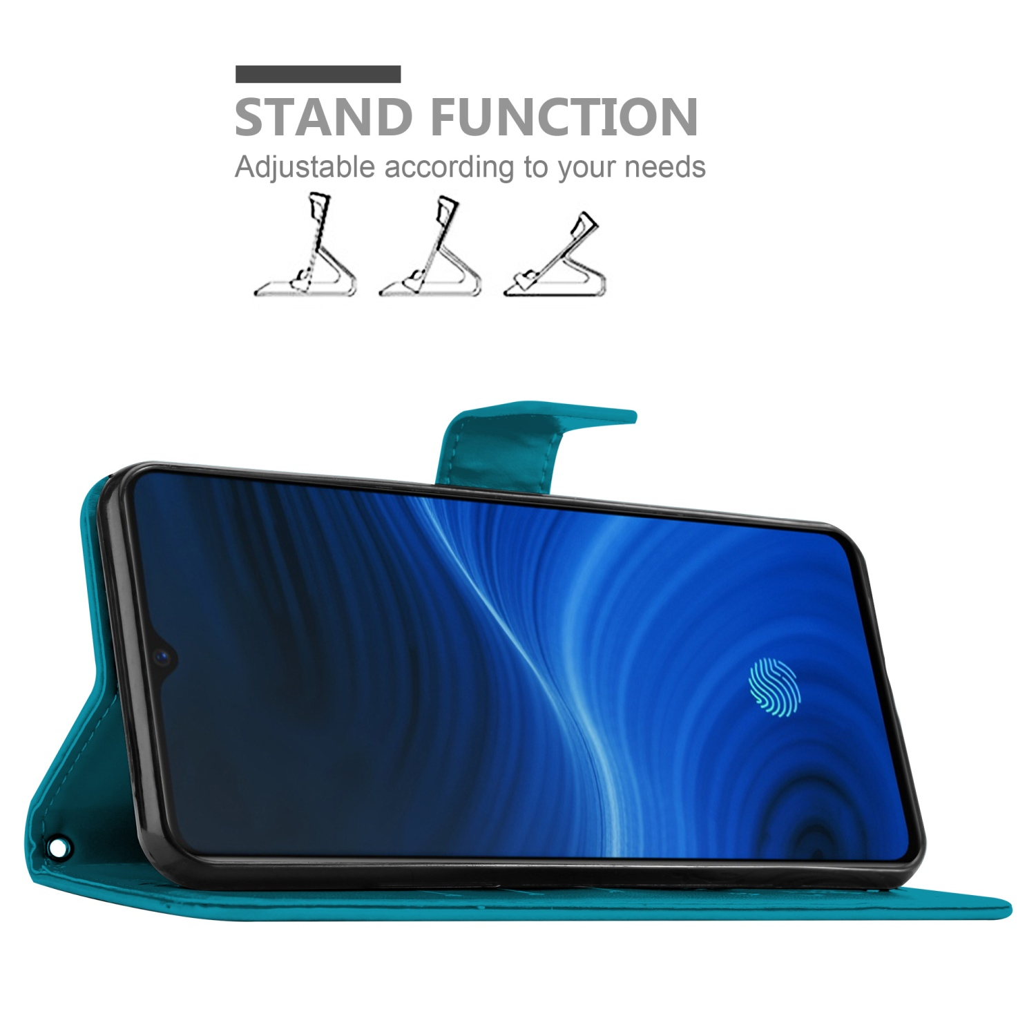 Una custodia per telefono con un telefono all'interno. La custodia è verde acqua con funzione supporto. Lo schermo mostra un motivo blu.