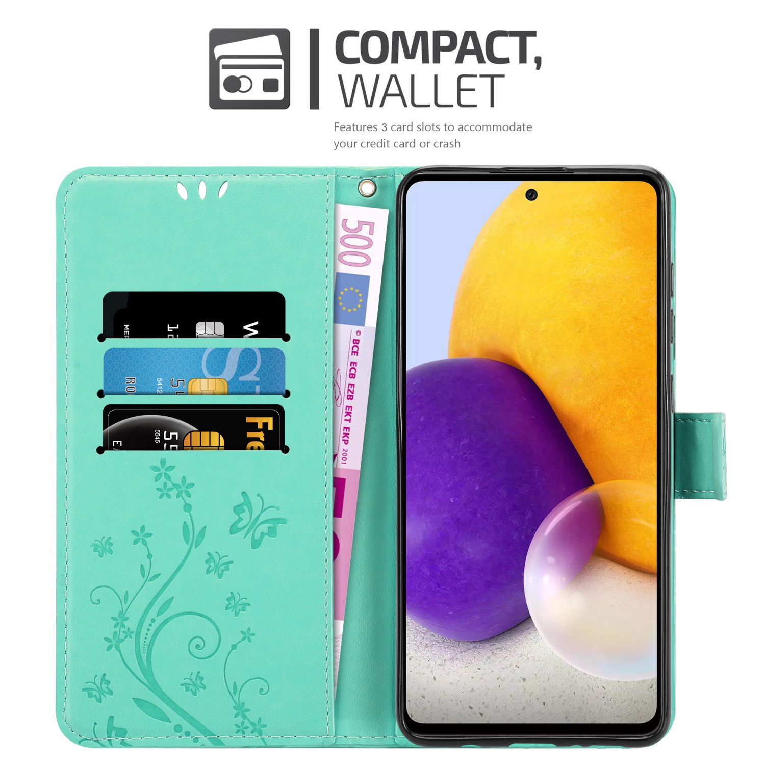 Una custodia turchese aperta che mostra un telefono con carte di credito e denaro. Testo: Compact Wallet.