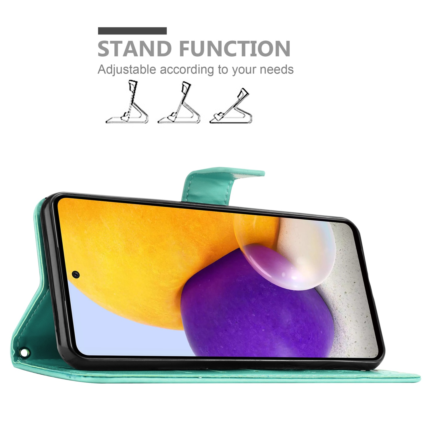 Custodia per telefono verde acqua con telefono. Testo: Funzione supporto. Regolabile in base alle tue esigenze. Schermo del telefono che mostra i colori.