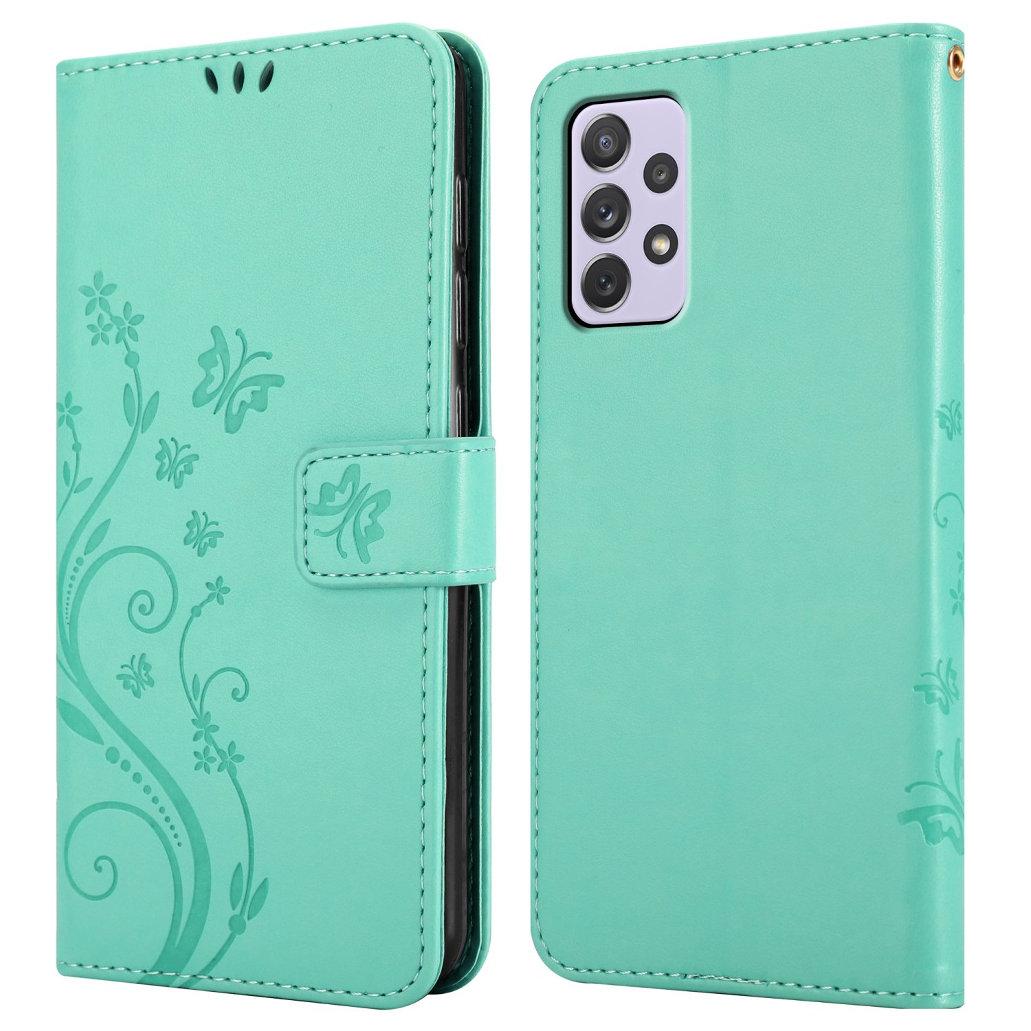 Custodia per telefono verde menta con design floreale. Aperta e chiusa. Custodia con finitura menta.