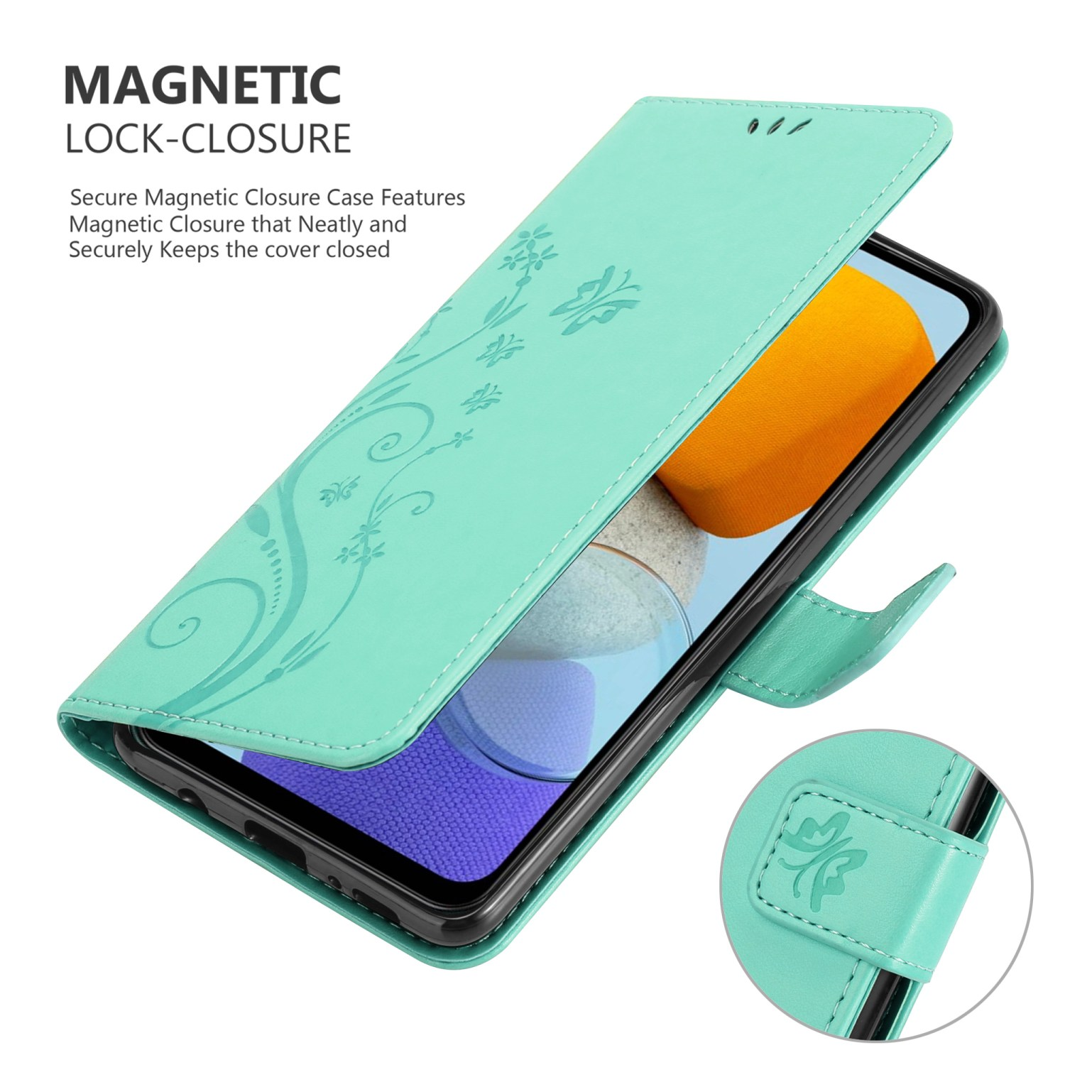 Custodia verde per telefono con design floreale, aperta con telefono dentro.