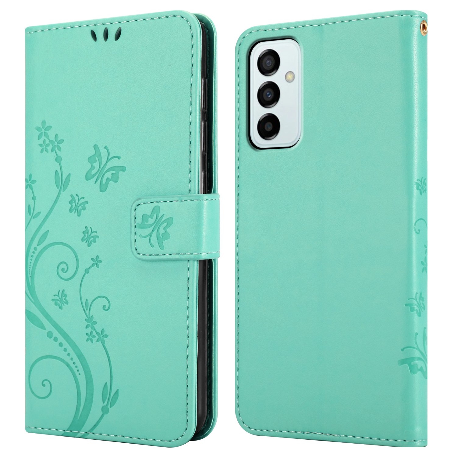 Custodia del telefono aperta che mostra telefono e custodia. Custodia verde menta con design floreale.