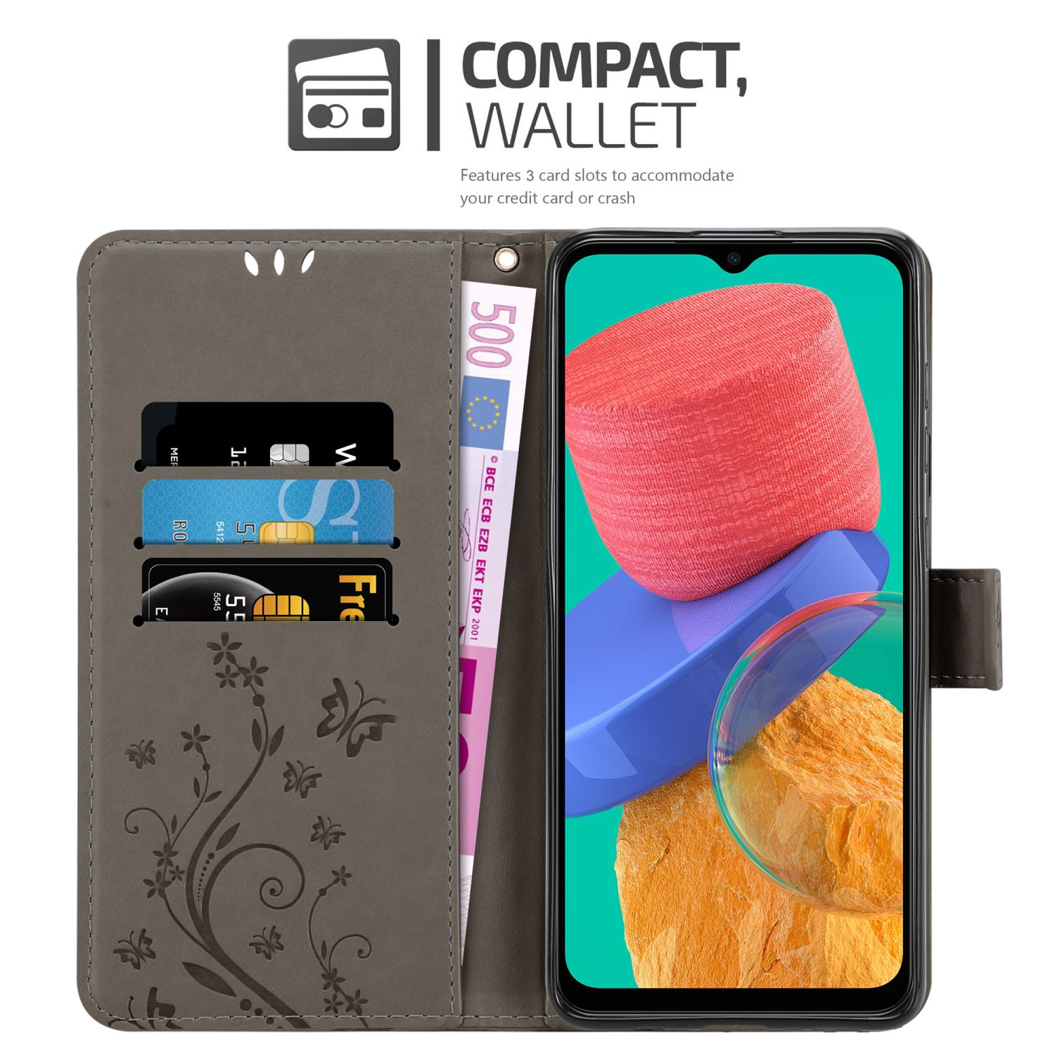 Custodia per telefono aperta con carte e denaro all'interno. Lo schermo del telefono mostra il design. Dettagli di fiori e farfalle.