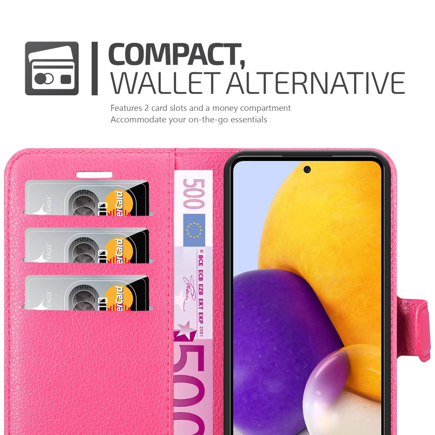 Custodia rosa con carte e denaro. Testo: Alternativa portafoglio compatto.