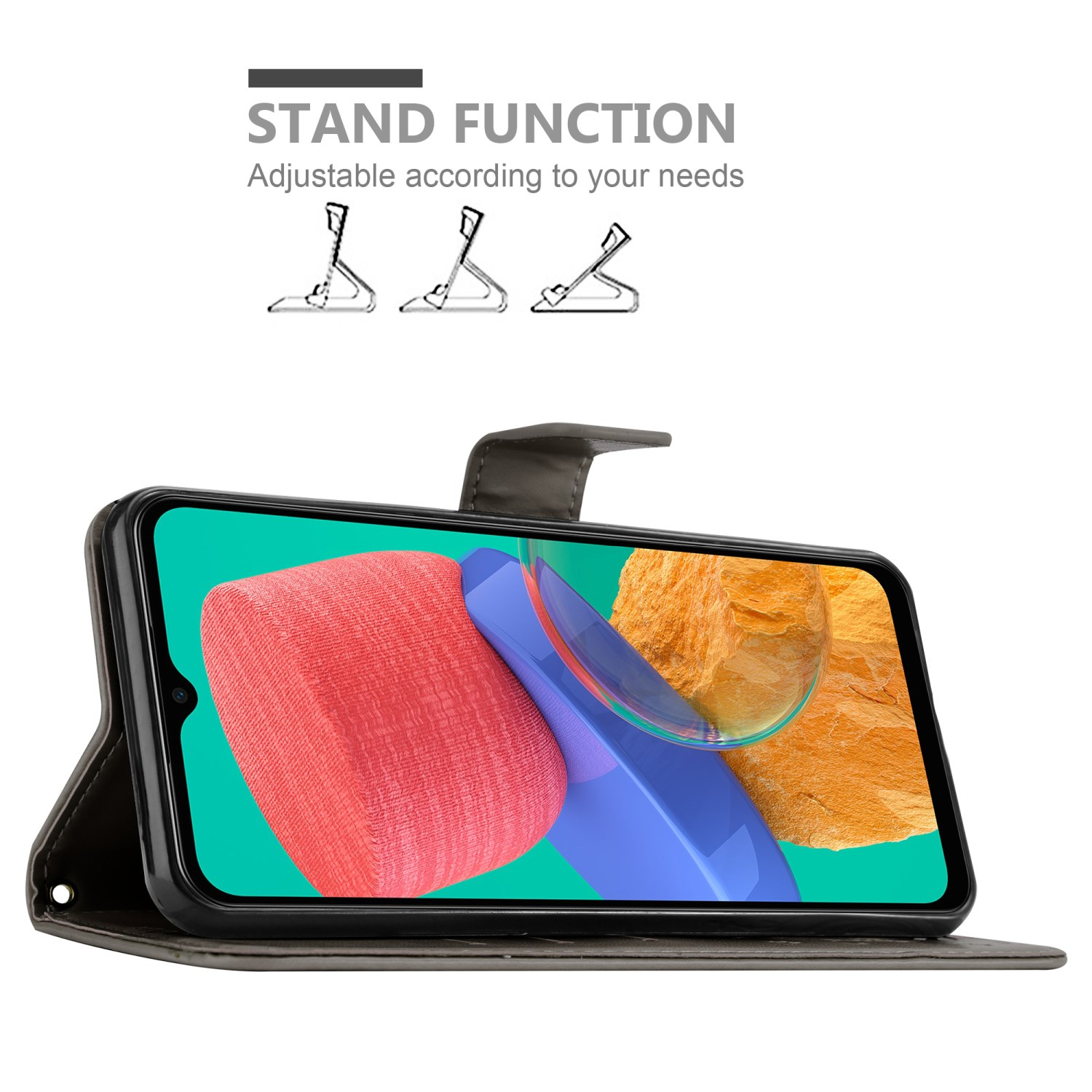 Telefono in custodia nera. La custodia si apre per la funzione stand. Testo: Funzione stand, regolabile.