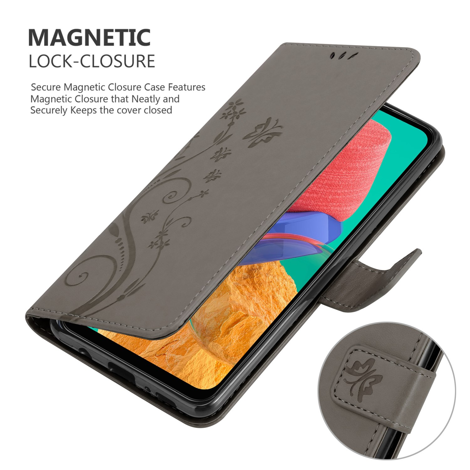 Custodia grigia per telefono con un design floreale. Il telefono è aperto, mostrando lo schermo. Chiusura magnetica visibile.