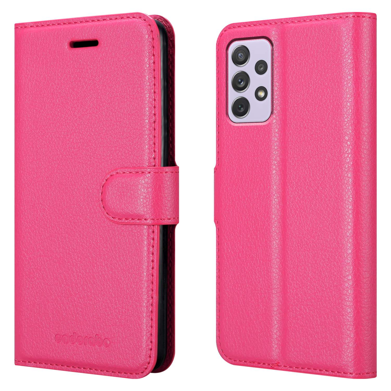 Custodia per telefono in pelle rosa, aperta e chiusa, con chiusura magnetica. Custodia con finitura rosa.