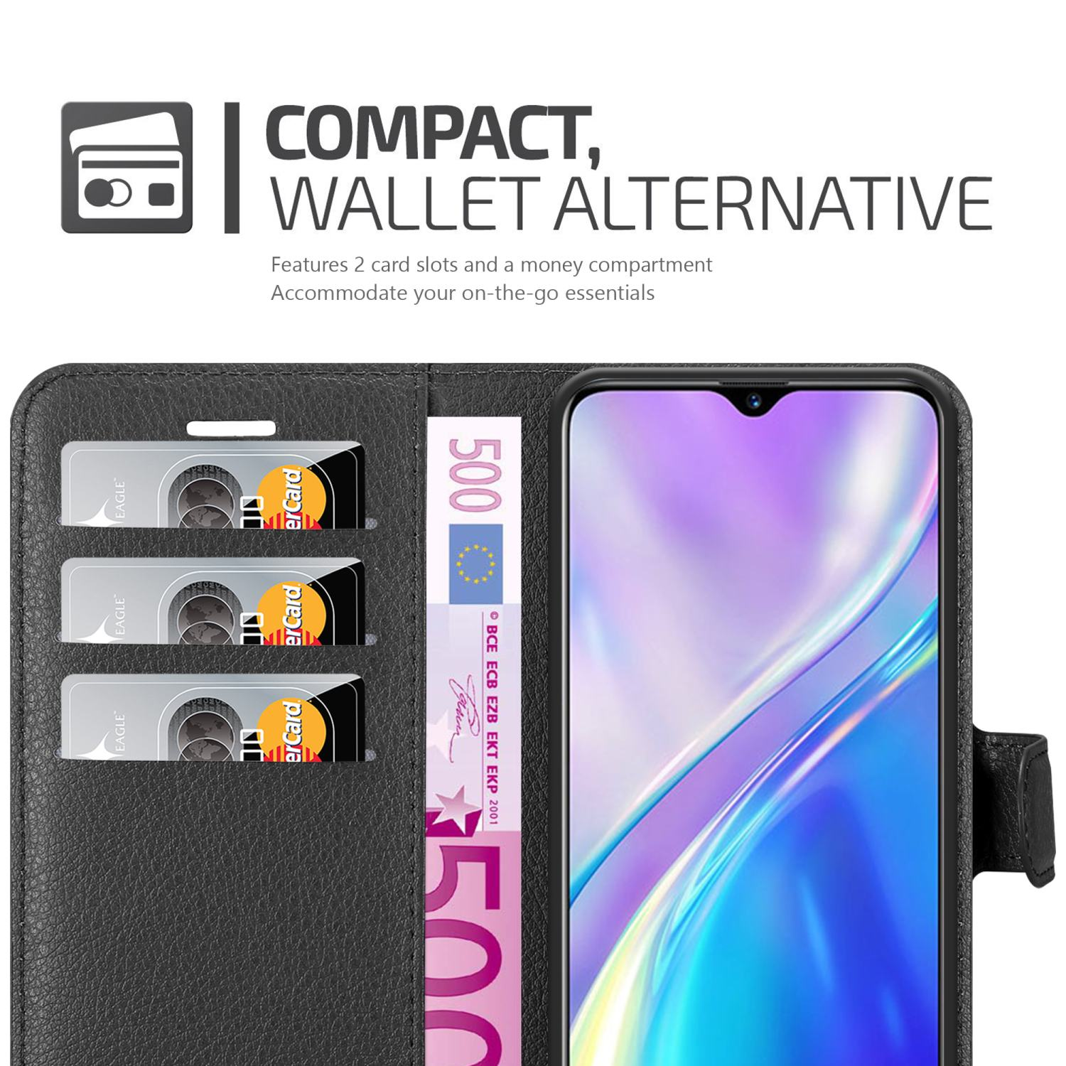 Custodia nera per telefono con fessure per carte e denaro. Schermo con immagine astratta.
