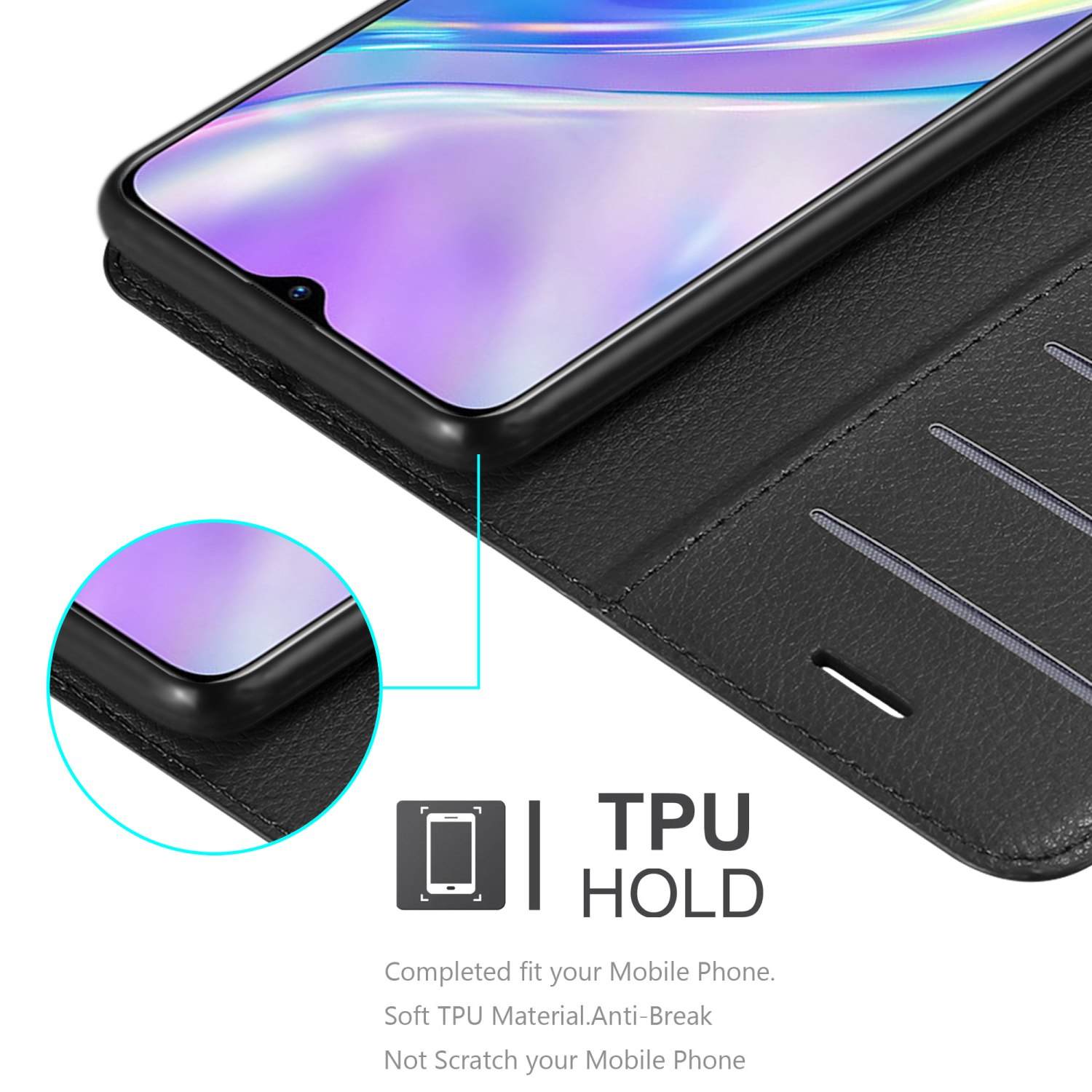 Custodia nera con supporto TPU, telefono all'interno. Interno con fessure per carte.