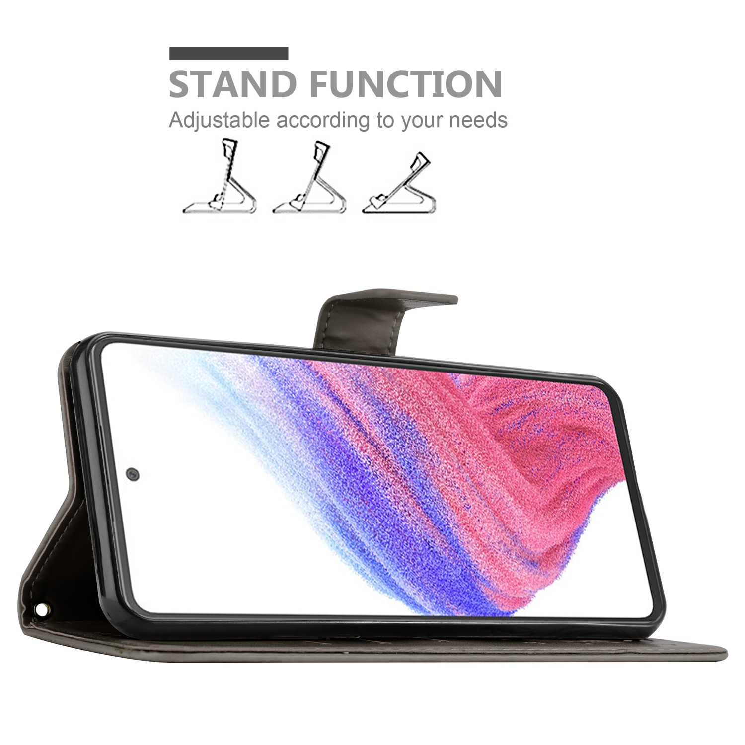 Una custodia nera in posizione di supporto. Il telefono mostra un'immagine colorata sullo schermo.