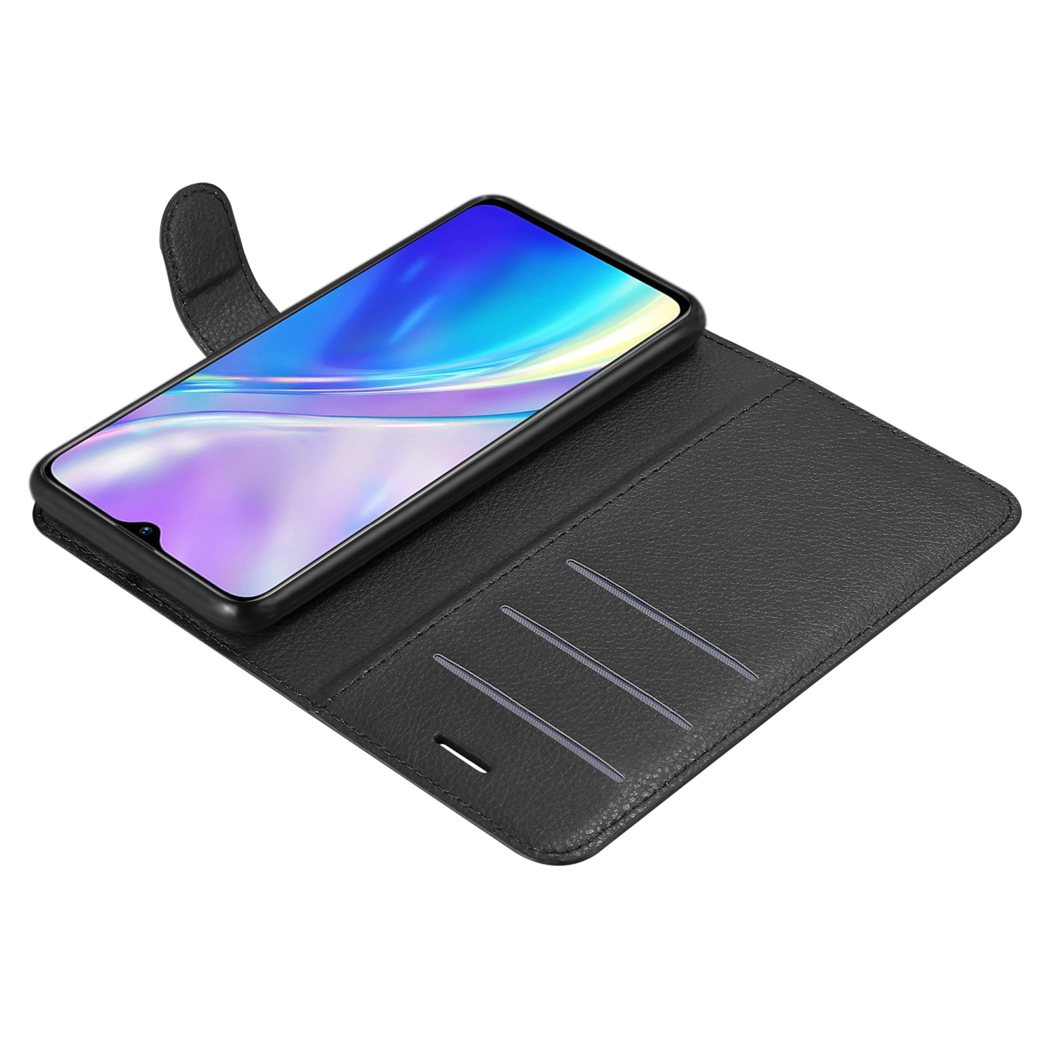 Telefono nero in una custodia nera, aperto, con fessure per carte. Sfondo bianco.
