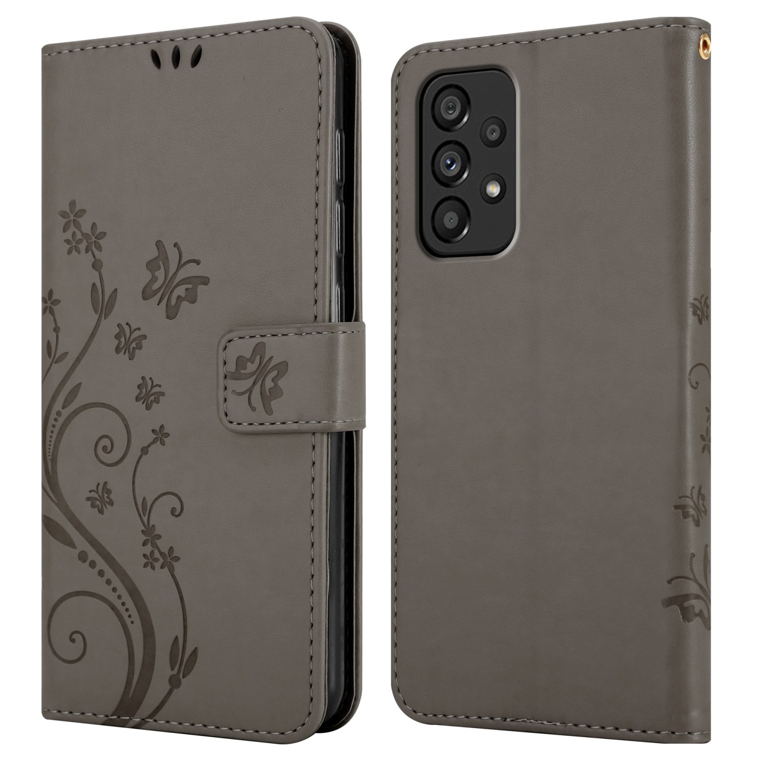 Custodia grigia per telefono aperta, che mostra un telefono con un design a farfalla e fiori.