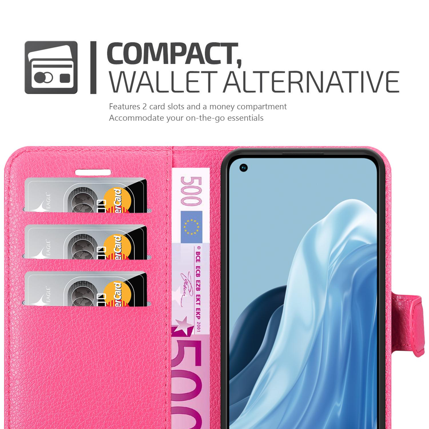 Custodia a portafoglio rosa con carte, denaro e un telefono.