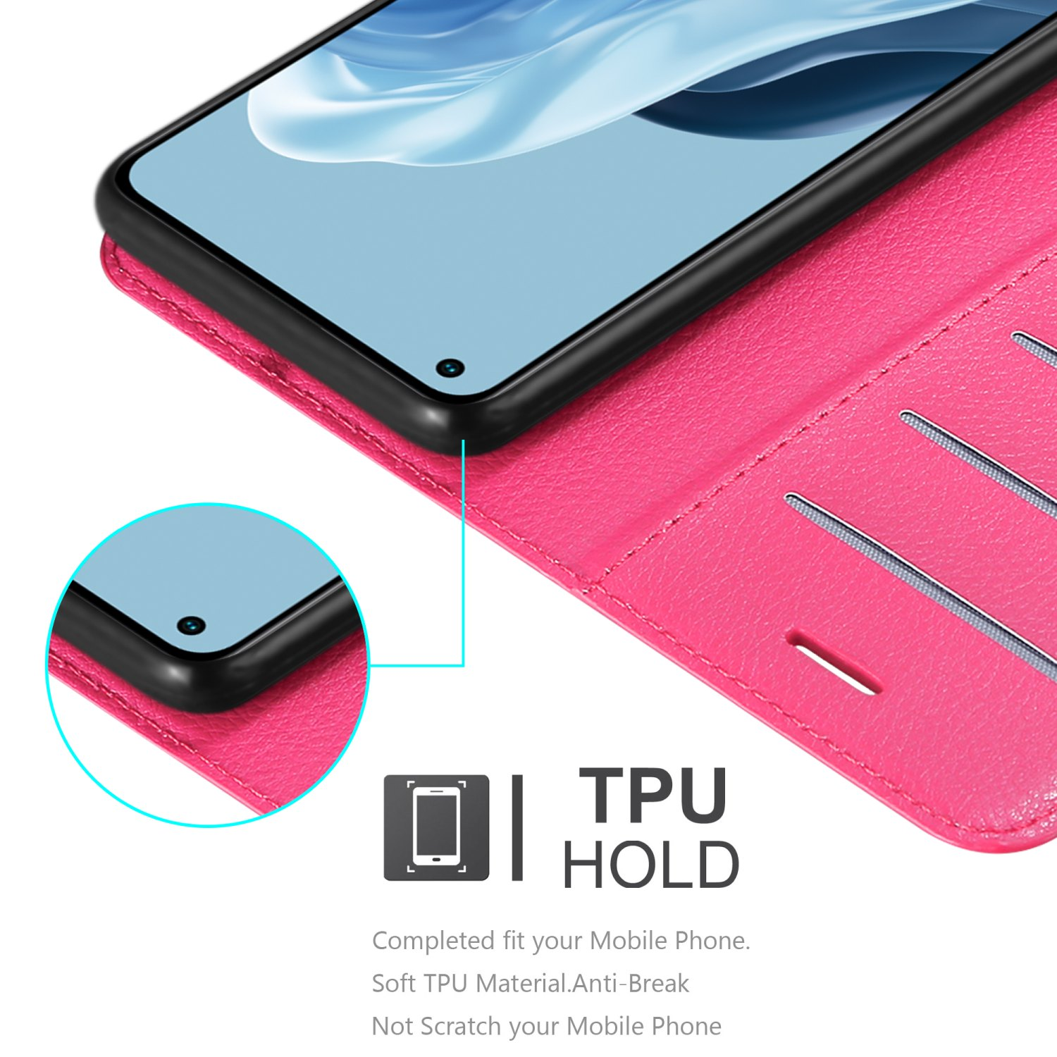 Una custodia per telefono rosa con un telefono all'interno. La custodia ha slot per carte e un'etichetta TPU HOLD.