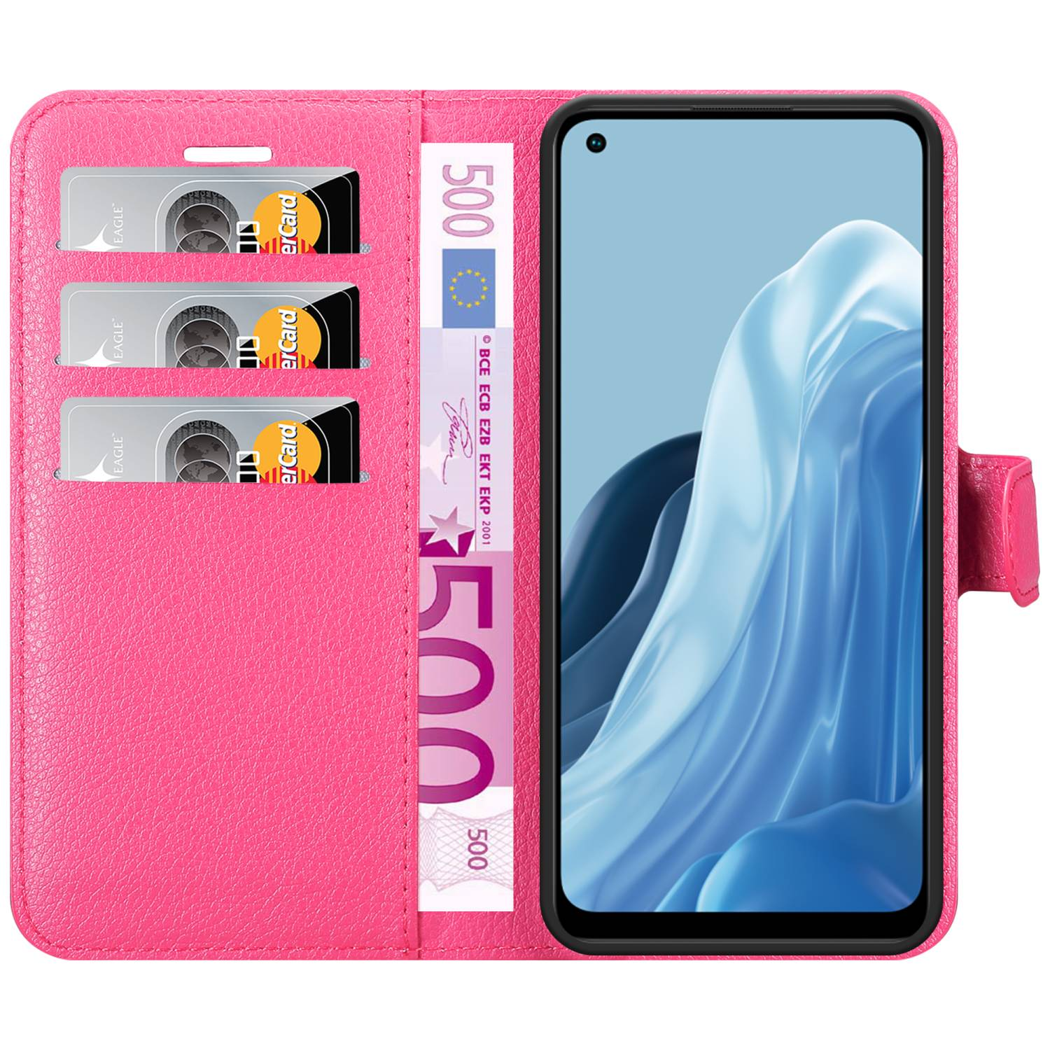 Custodia per telefono rosa con fessure per carte e denaro, con un telefono che mostra il suo schermo.
