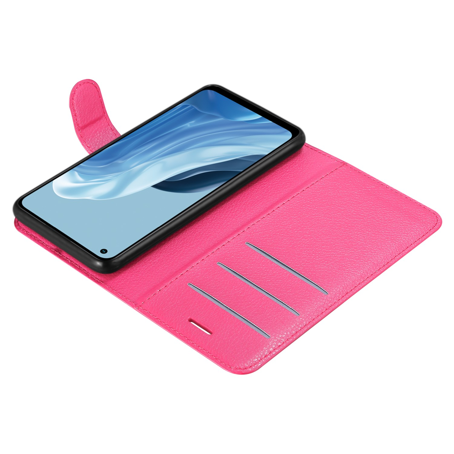 Custodia rosa per telefono, aperta, con un telefono all'interno. La custodia ha fessure per carte. Lo schermo del telefono mostra un'immagine blu.