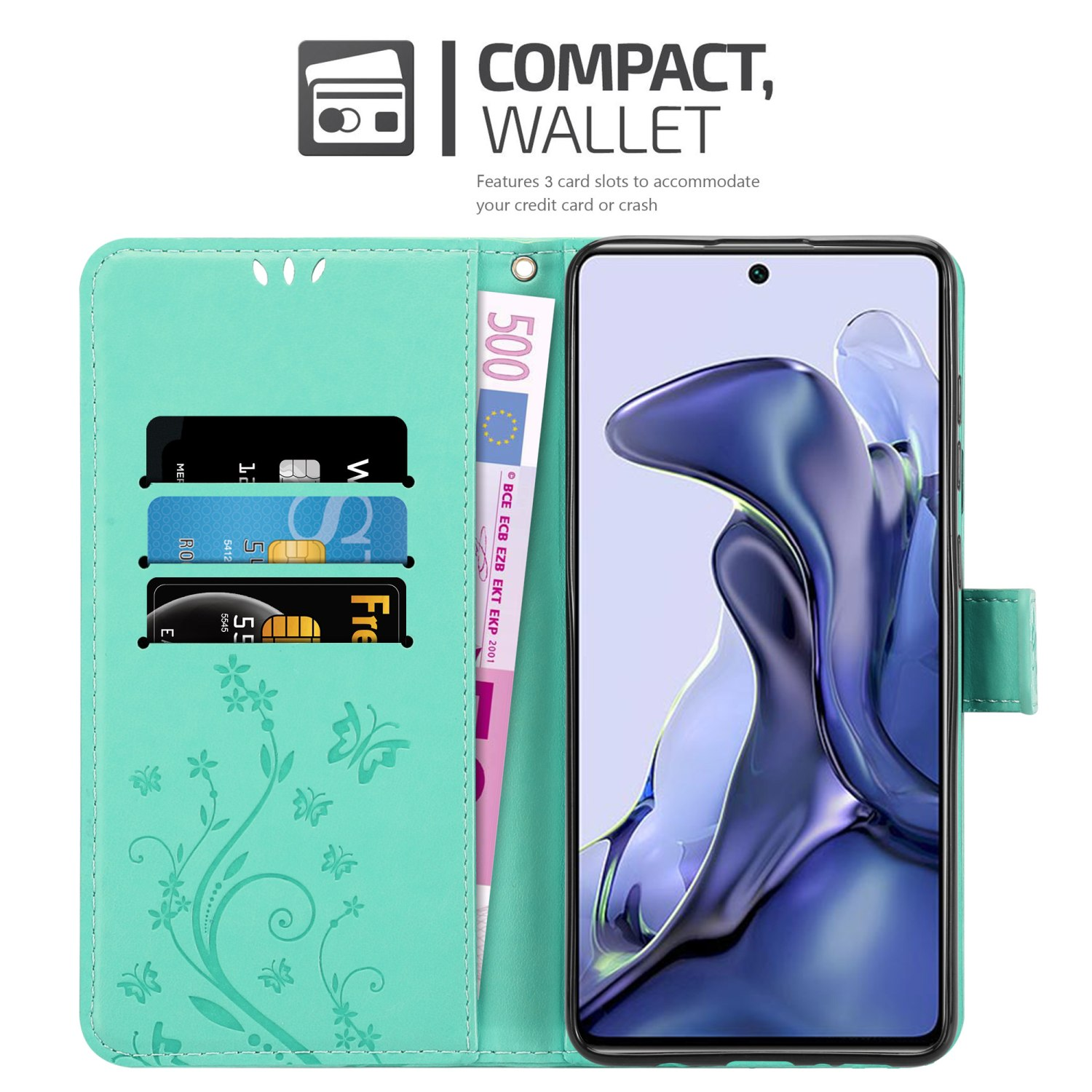 Custodia per telefono con carte e denaro all'interno, colore turchese, con design floreale.