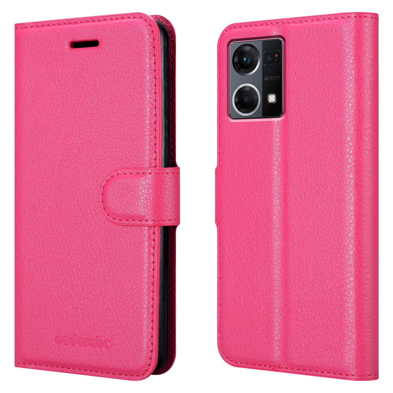 Custodia rosa, aperta con un telefono all'interno. Ha una chiusura magnetica e il nome del marchio in basso.